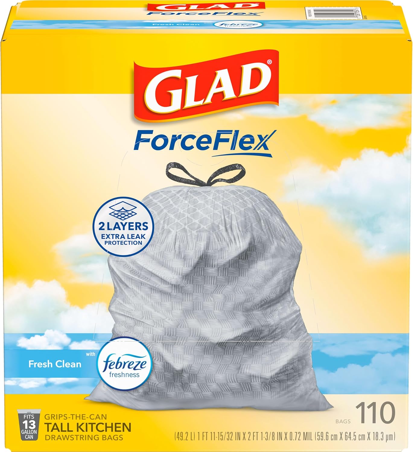 Glad ForceFlex Tall Kitchen Drawstring Trash Bags, 13 Gal, Gain Lemon Zest, 40 Ct (Package May Vary)