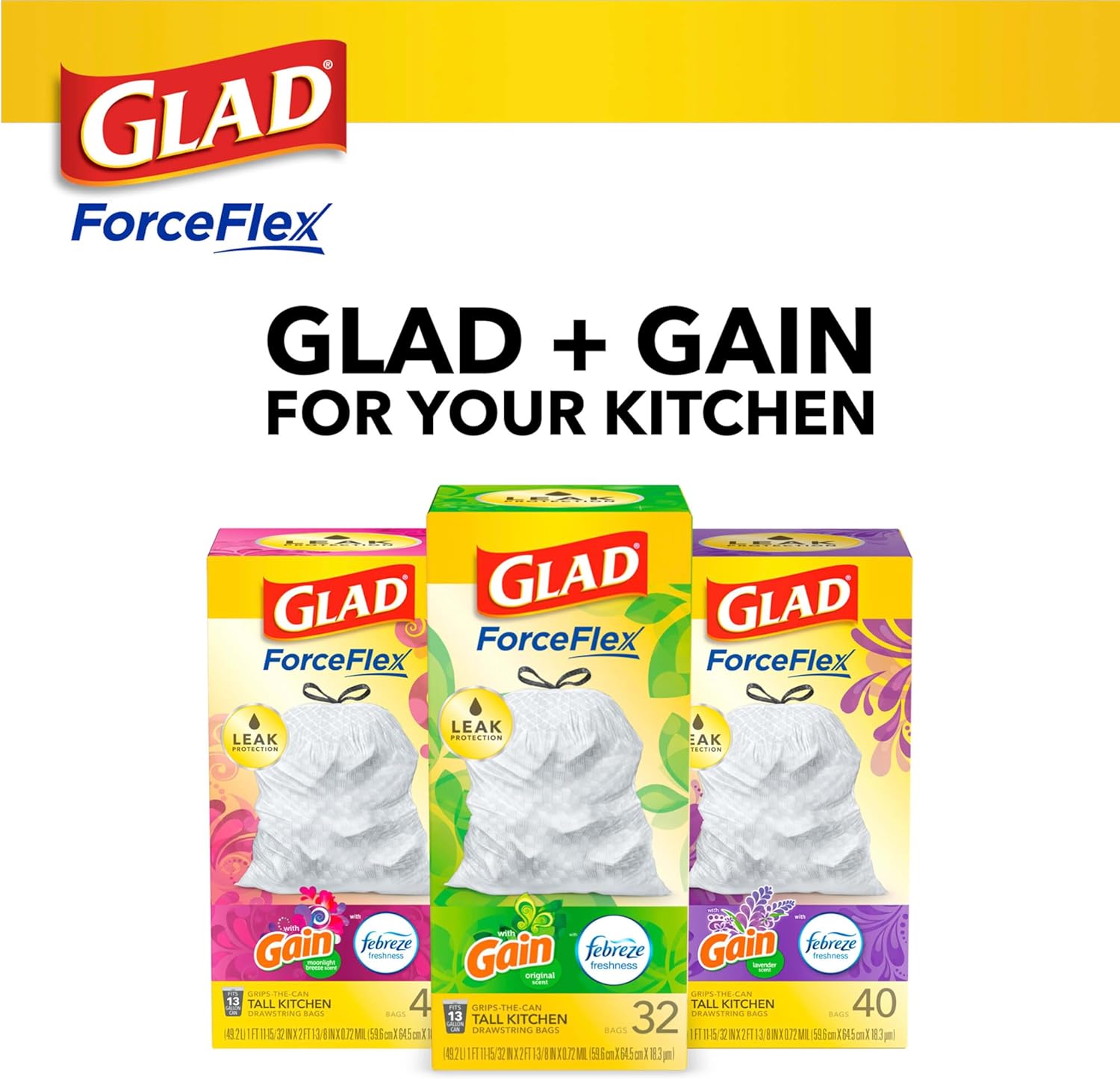 Glad ForceFlex Tall Kitchen Drawstring Trash Bags, 13 Gal, Gain Lemon Zest, 40 Ct (Package May Vary)