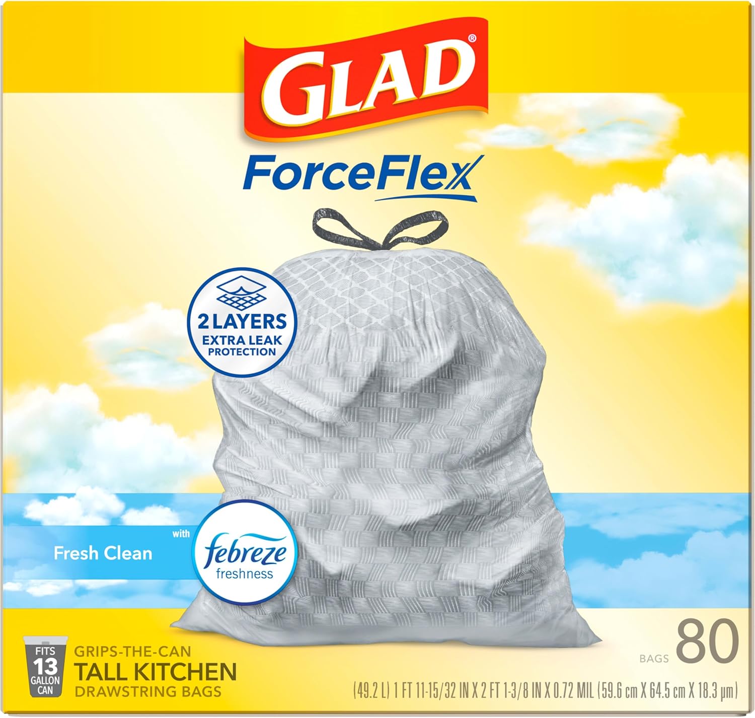 Glad ForceFlex Tall Kitchen Drawstring Trash Bags, 13 Gal, Gain Lemon Zest, 40 Ct (Package May Vary)