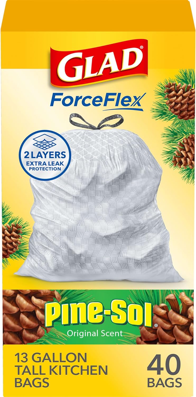 Glad ForceFlex Tall Kitchen Drawstring Trash Bags, 13 Gal, Gain Lemon Zest, 40 Ct (Package May Vary)