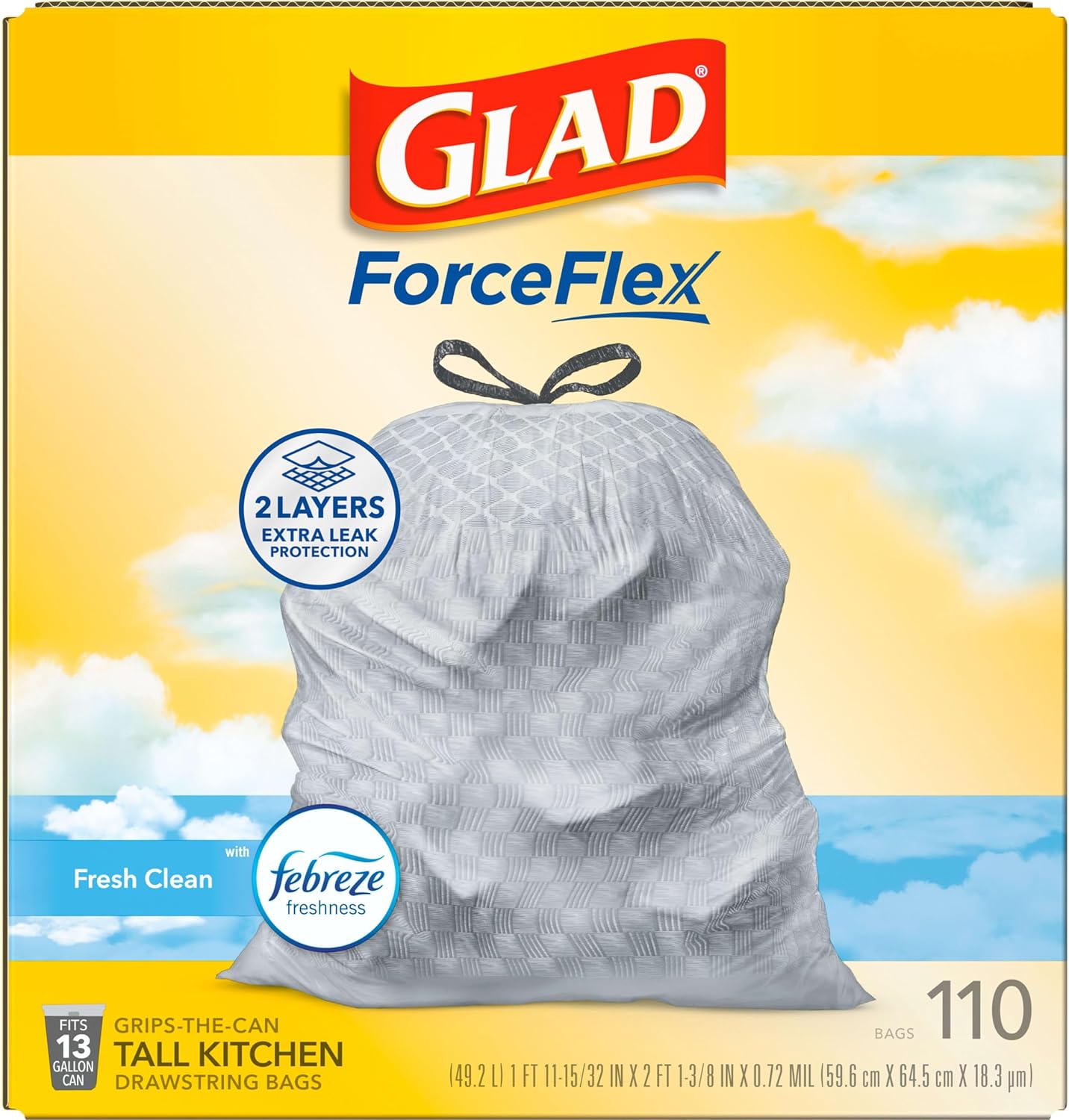 Glad ForceFlex Tall Kitchen Drawstring Trash Bags, 13 Gal, Gain Lemon Zest, 40 Ct (Package May Vary)