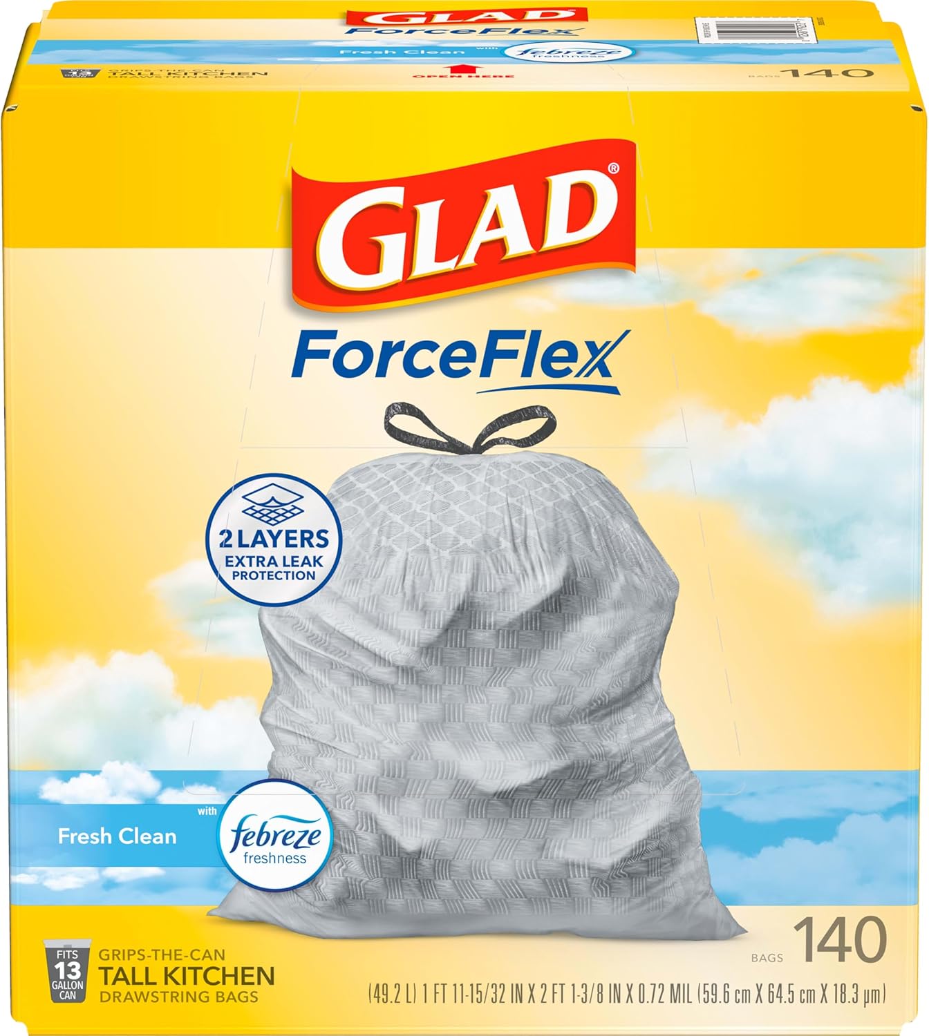 Glad ForceFlex Tall Kitchen Drawstring Trash Bags, 13 Gal, Gain Lemon Zest, 40 Ct (Package May Vary)