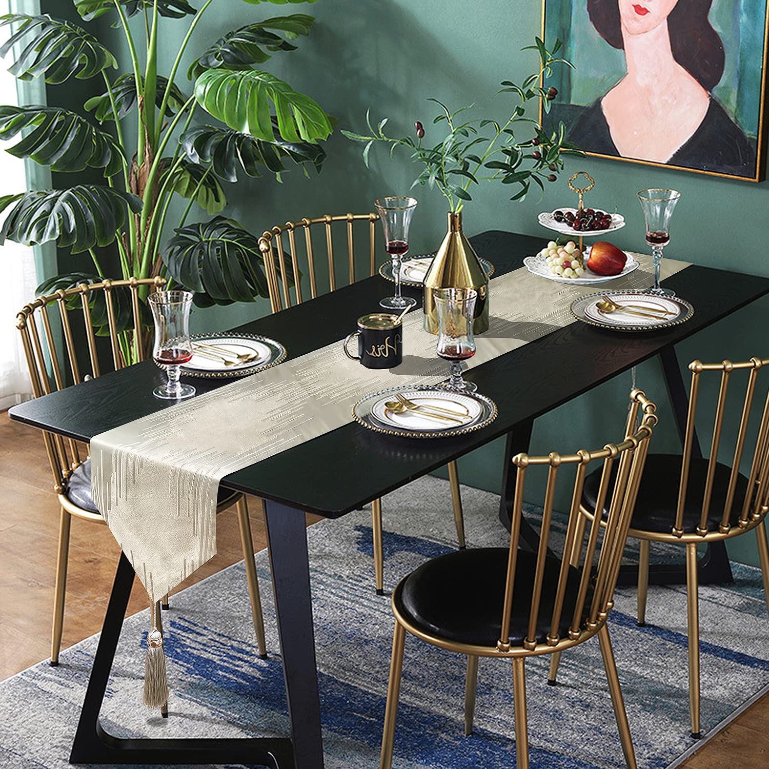 Glam Champagne Table Runner 13 x 98 Inches Long Double Layer Abstract Pattern with Luxury Tassel for Coffee Sofa Dresser Dining Table Fireplace Home Decor