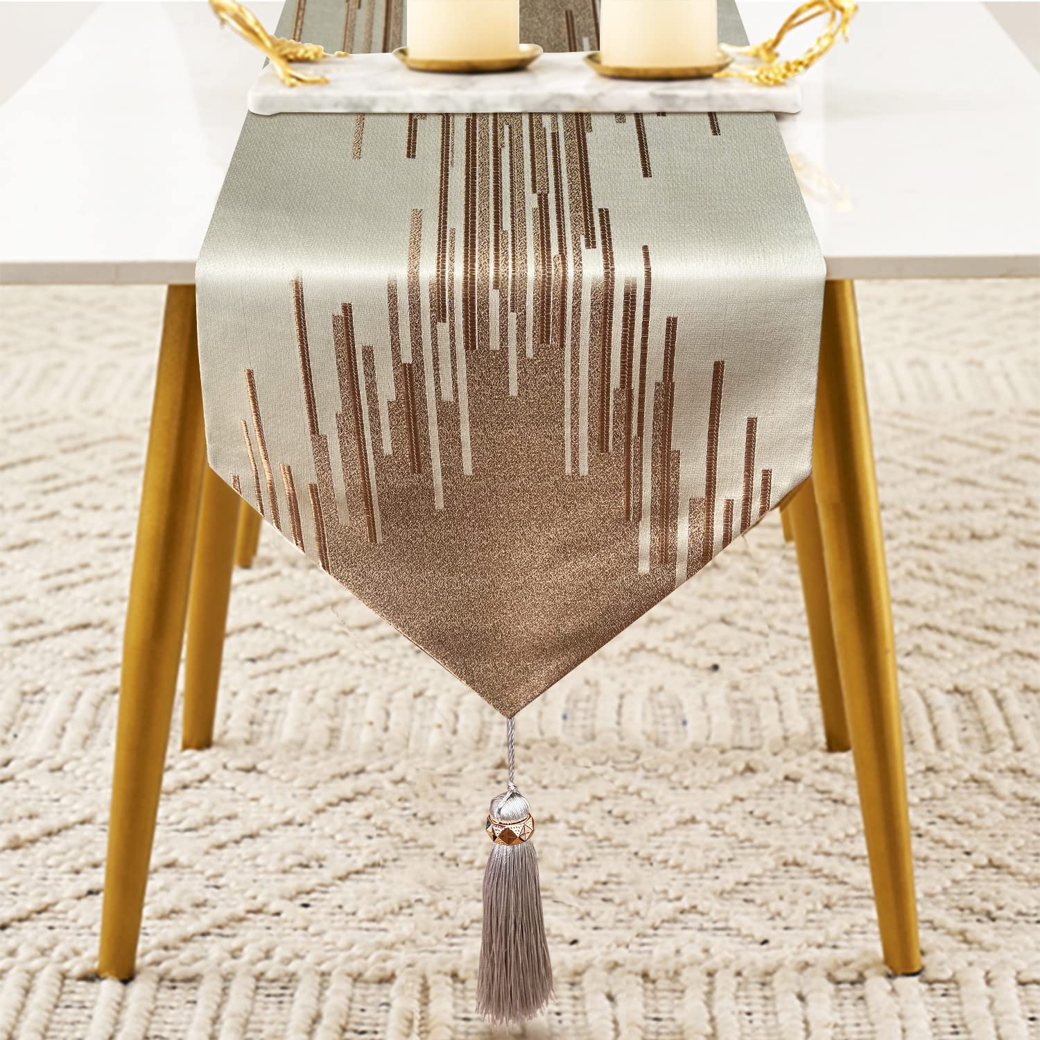 Glam Champagne Table Runner 13 x 98 Inches Long Double Layer Abstract Pattern with Luxury Tassel for Coffee Sofa Dresser Dining Table Fireplace Home Decor