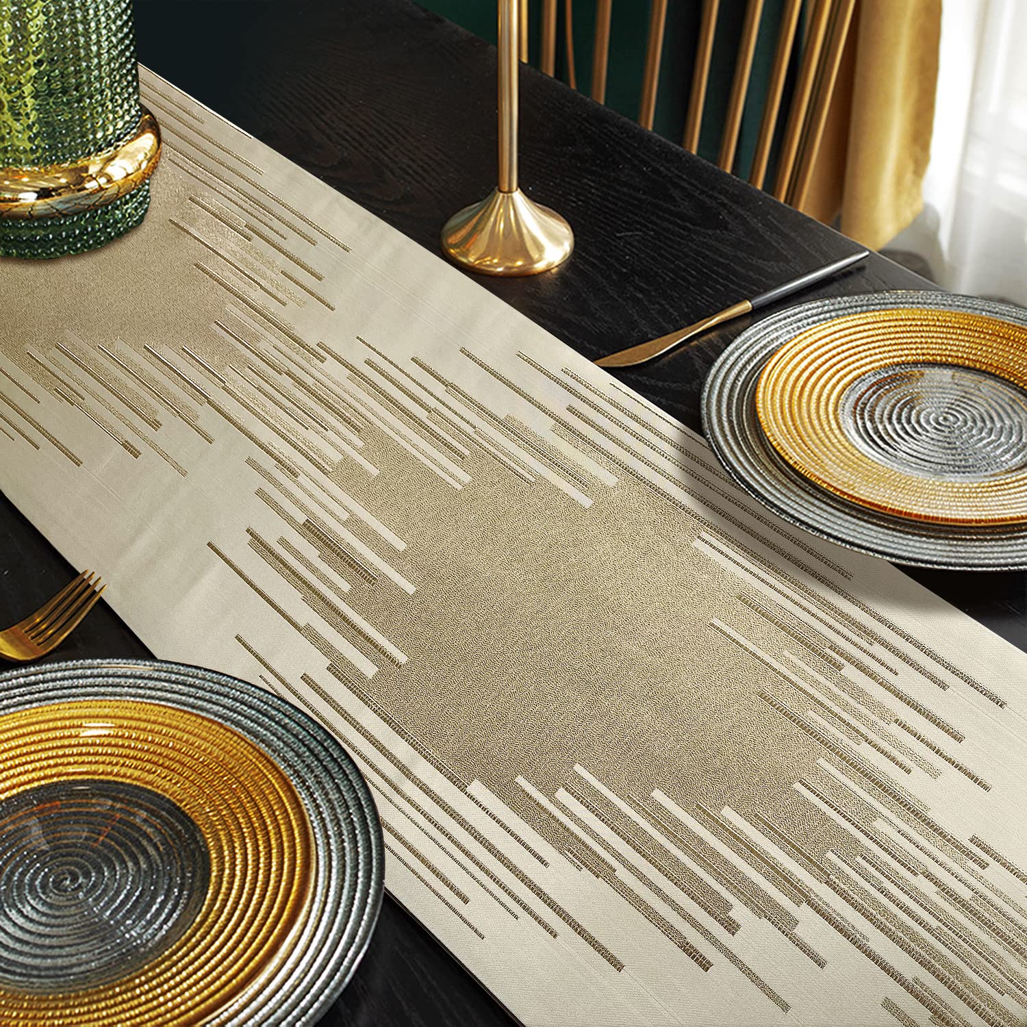 Glam Champagne Table Runner 13 x 98 Inches Long Double Layer Abstract Pattern with Luxury Tassel for Coffee Sofa Dresser Dining Table Fireplace Home Decor