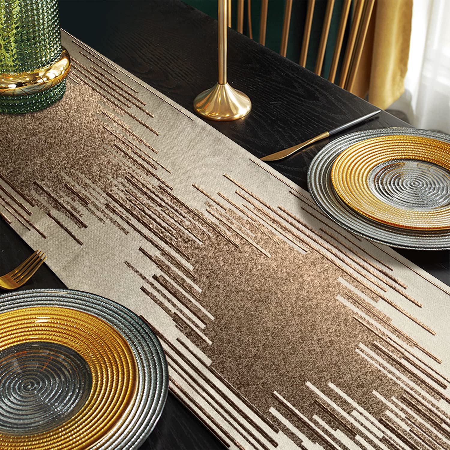 Glam Champagne Table Runner 13 x 98 Inches Long Double Layer Abstract Pattern with Luxury Tassel for Coffee Sofa Dresser Dining Table Fireplace Home Decor