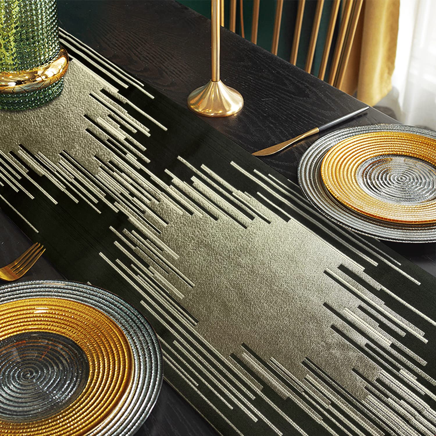 Glam Champagne Table Runner 13 x 98 Inches Long Double Layer Abstract Pattern with Luxury Tassel for Coffee Sofa Dresser Dining Table Fireplace Home Decor