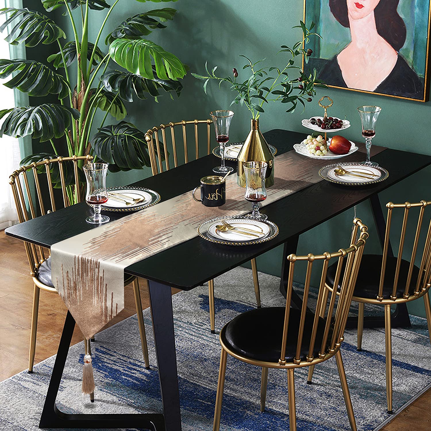 Glam Champagne Table Runner 13 x 98 Inches Long Double Layer Abstract Pattern with Luxury Tassel for Coffee Sofa Dresser Dining Table Fireplace Home Decor