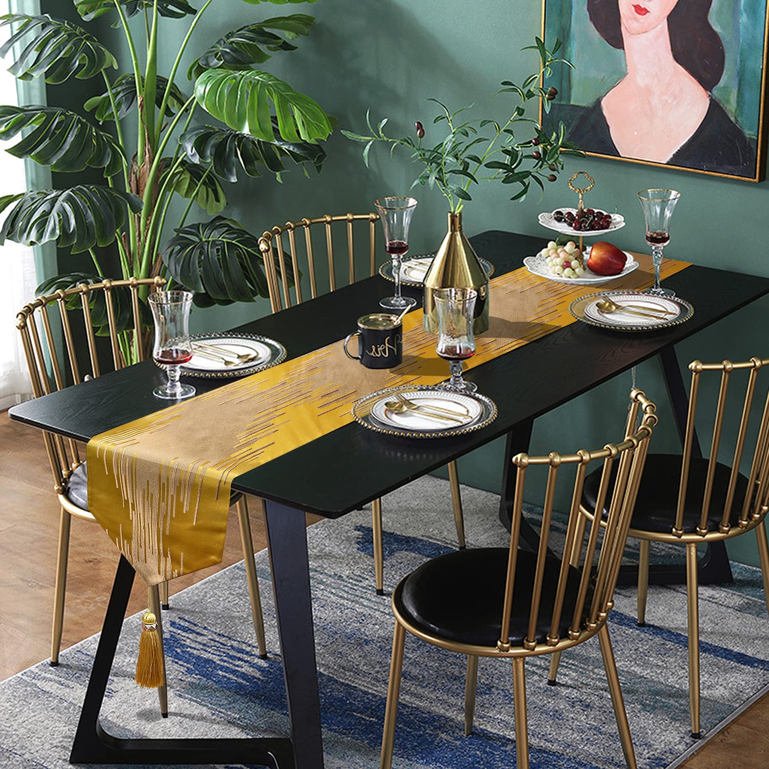 Glam Champagne Table Runner 13 x 98 Inches Long Double Layer Abstract Pattern with Luxury Tassel for Coffee Sofa Dresser Dining Table Fireplace Home Decor