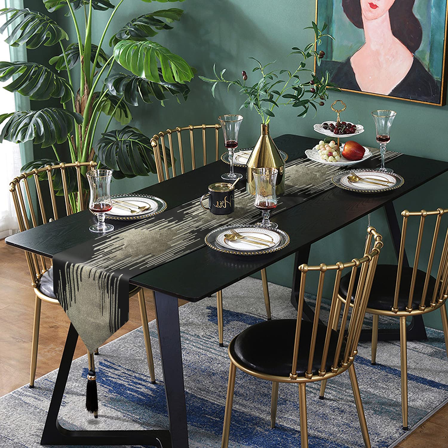 Glam Champagne Table Runner 13 x 98 Inches Long Double Layer Abstract Pattern with Luxury Tassel for Coffee Sofa Dresser Dining Table Fireplace Home Decor