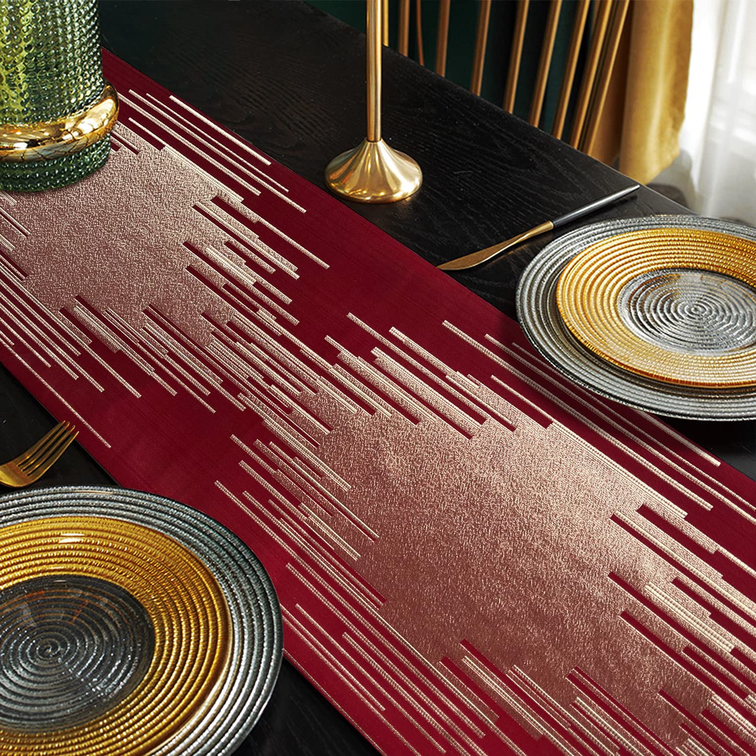 Glam Champagne Table Runner 13 x 98 Inches Long Double Layer Abstract Pattern with Luxury Tassel for Coffee Sofa Dresser Dining Table Fireplace Home Decor