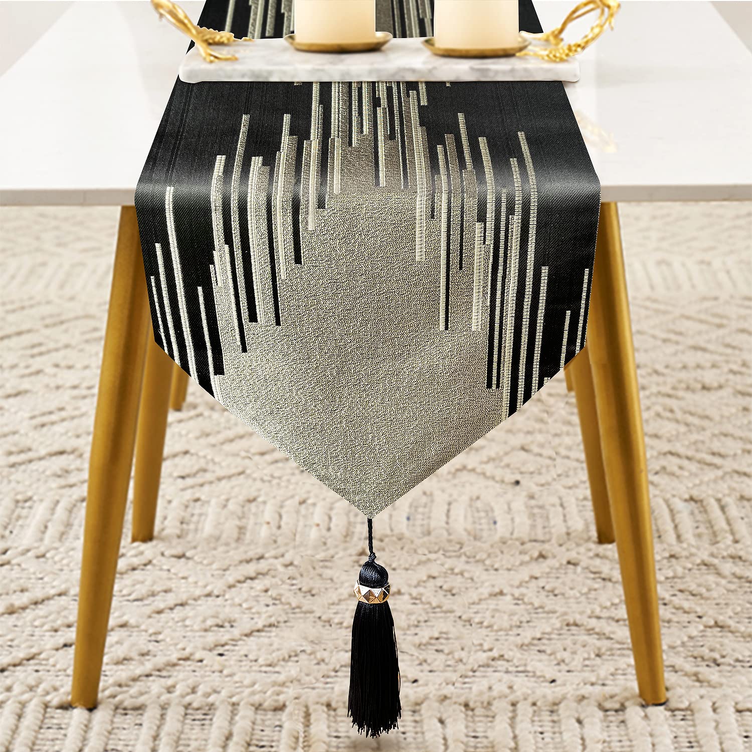 Glam Champagne Table Runner 13 x 98 Inches Long Double Layer Abstract Pattern with Luxury Tassel for Coffee Sofa Dresser Dining Table Fireplace Home Decor