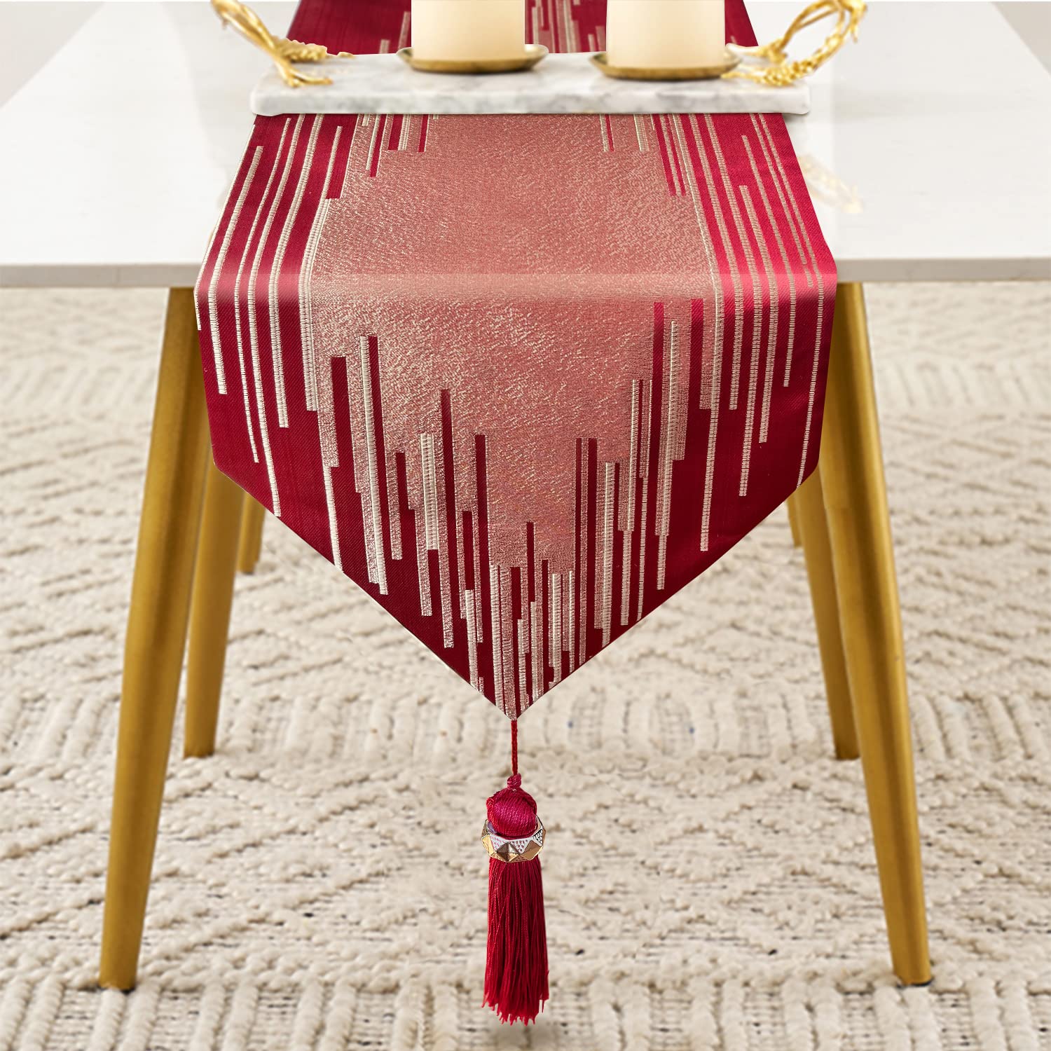 Glam Champagne Table Runner 13 x 98 Inches Long Double Layer Abstract Pattern with Luxury Tassel for Coffee Sofa Dresser Dining Table Fireplace Home Decor