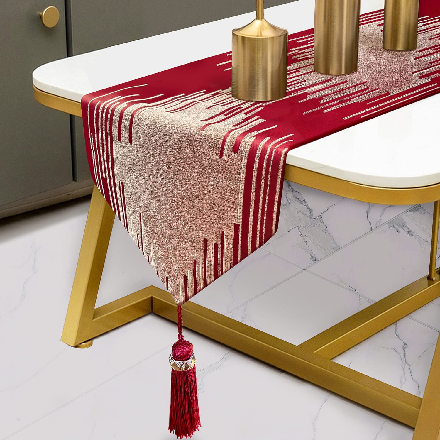 Glam Champagne Table Runner 13 x 98 Inches Long Double Layer Abstract Pattern with Luxury Tassel for Coffee Sofa Dresser Dining Table Fireplace Home Decor