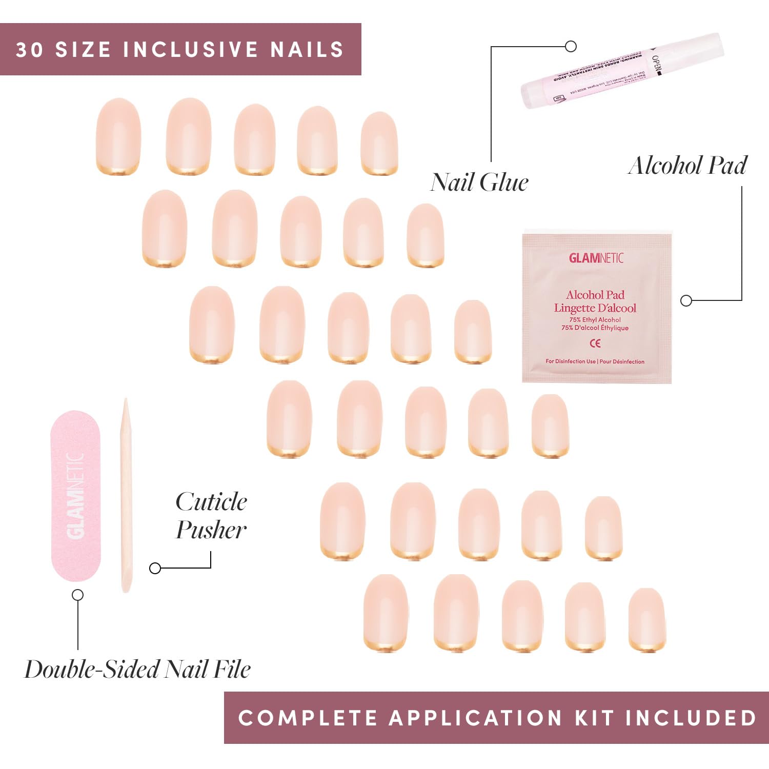 Glamnetic Press On Nails - Goal Digger | Glossy, Semi-Transparent, Short Round Nails, Reusable | 12 Sizes - 30 Nail Kit with Glue