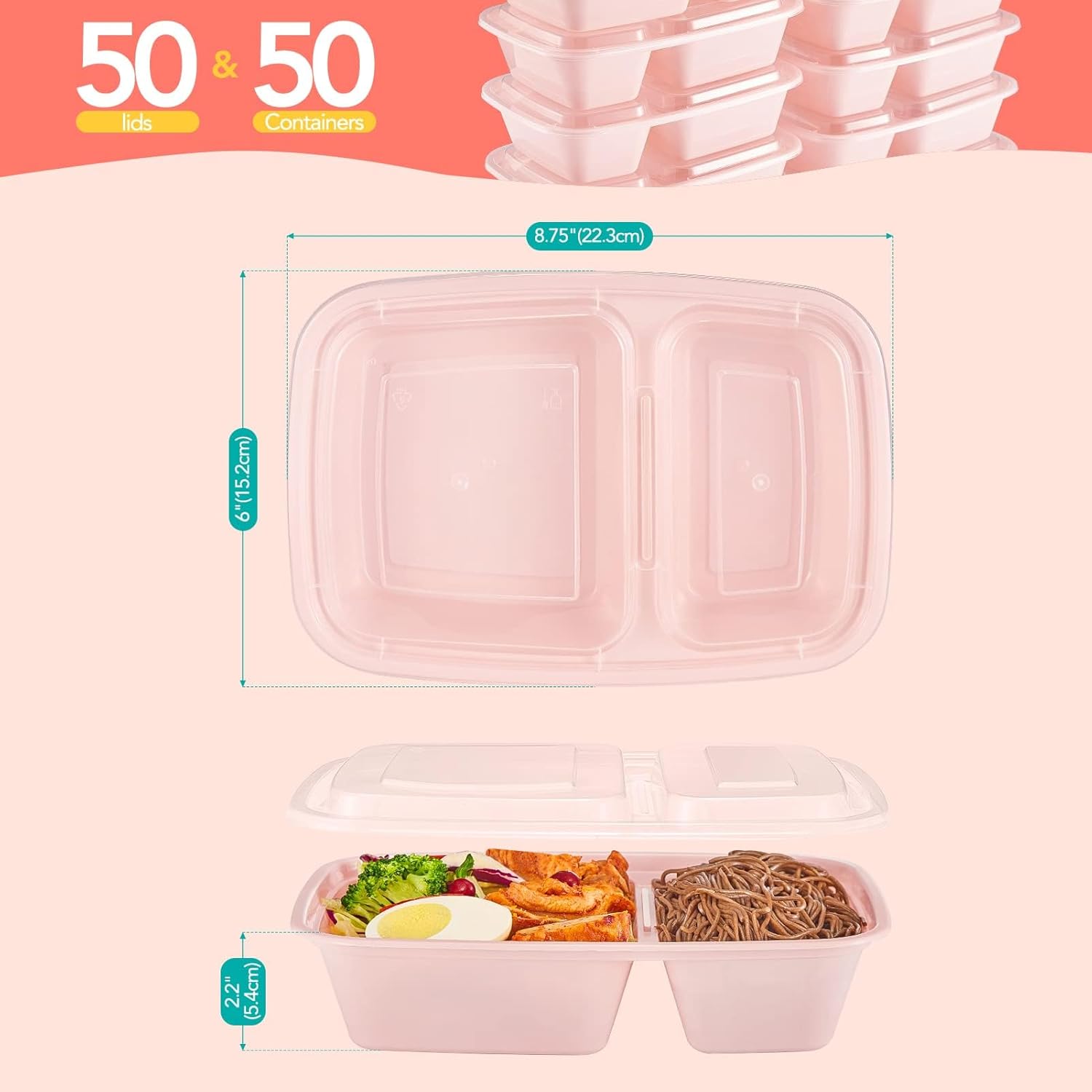 Glotoch 150 Pack Pink Meal Prep Containers 32OZ 2 Compartments to Go Containers for Food,Plastic Food Containers with Lids for Microwave Dishwasher Freezer Safe