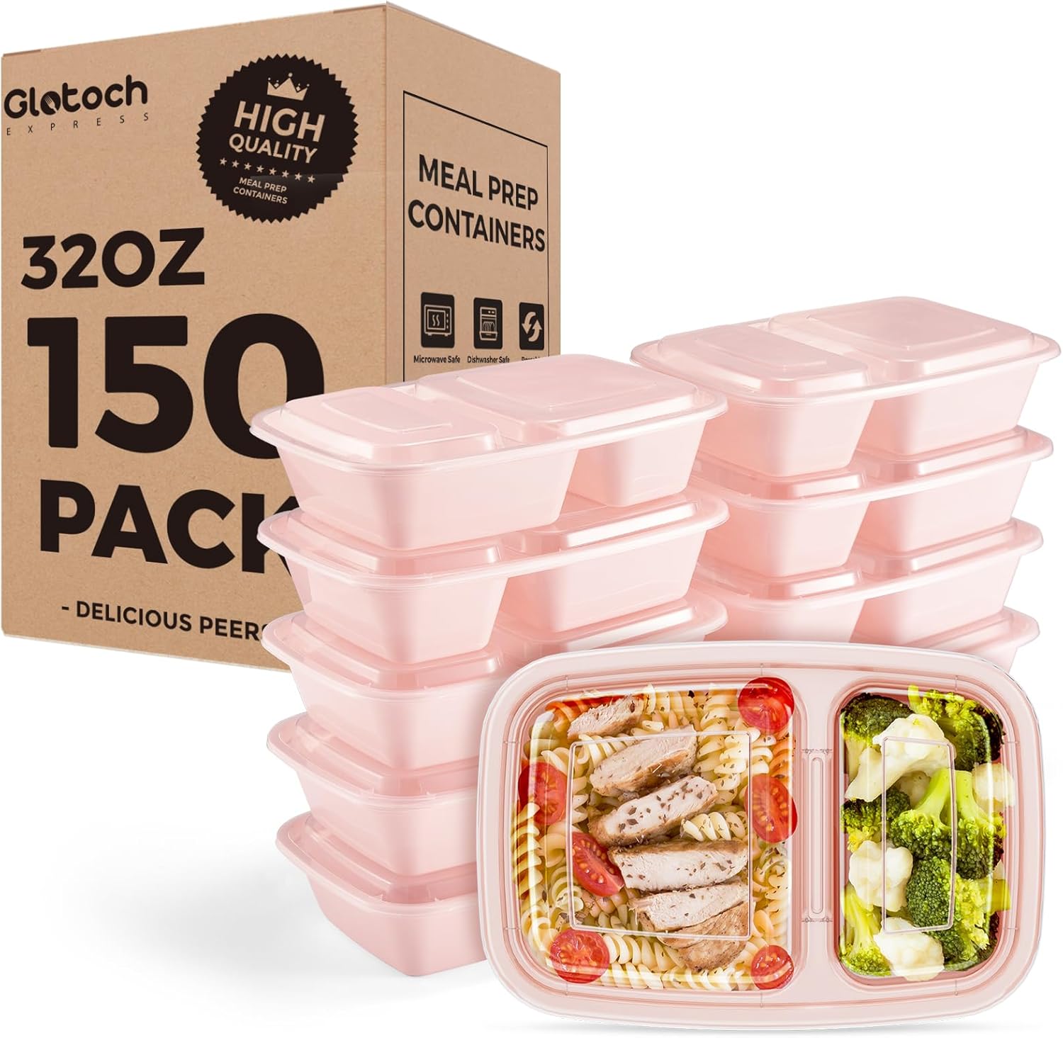 Glotoch 150 Pack Pink Meal Prep Containers 32OZ 2 Compartments to Go Containers for Food,Plastic Food Containers with Lids for Microwave Dishwasher Freezer Safe
