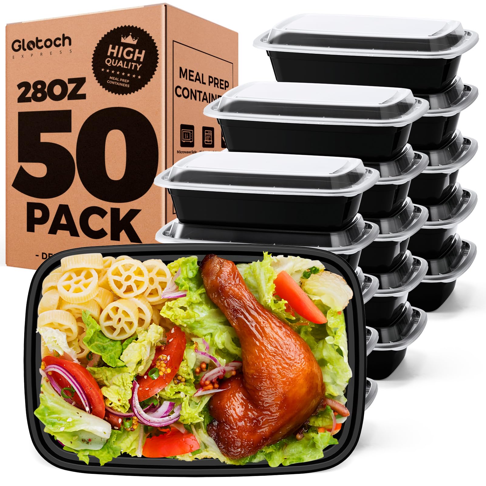 Glotoch 50 Pack (100-Piece) 34oz Meal Prep Containers Reusable with Lids 3-Compartment Containers Microwave, Freezer, Dishwasher Safe - Leakproof Durable To Go Take Out Plastic Food Storage