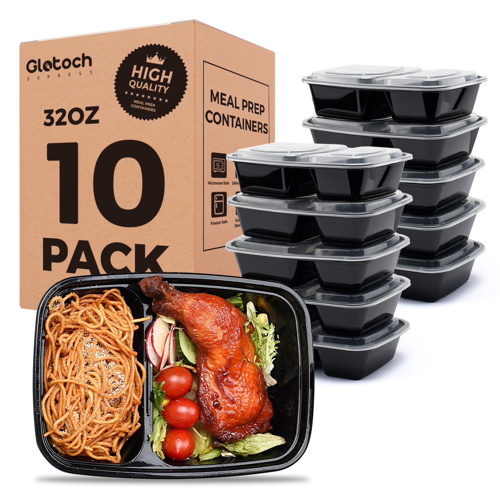 Glotoch 50 Pack 32 oz Meal Prep Containers Reusable, 2 Compartment Food Containers with Lids To Go Containers, Lunch-Microwave,Freezer,Dishwasher Safe