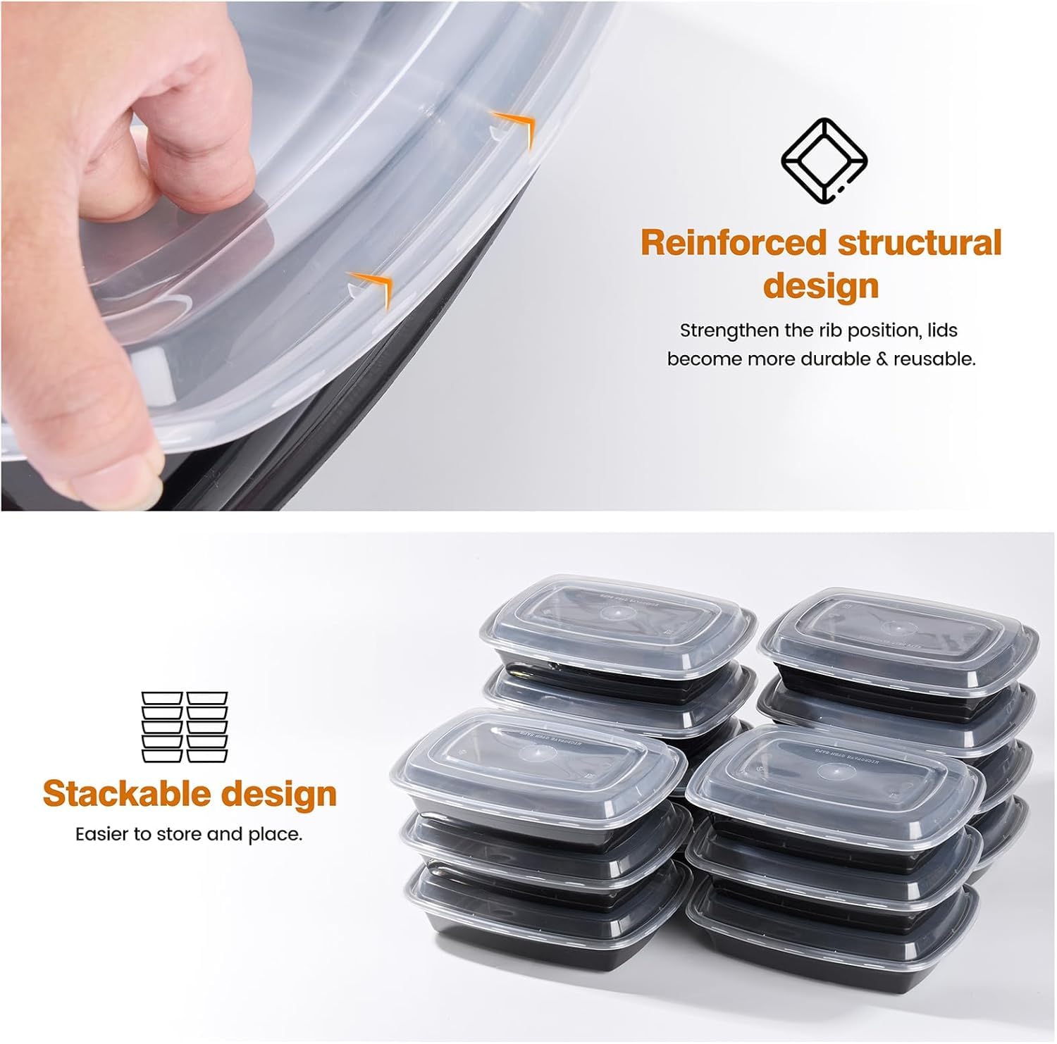 Glotoch 50 Pack 32 oz Meal Prep Containers Reusable, 2 Compartment Food Containers with Lids To Go Containers, Lunch-Microwave,Freezer,Dishwasher Safe