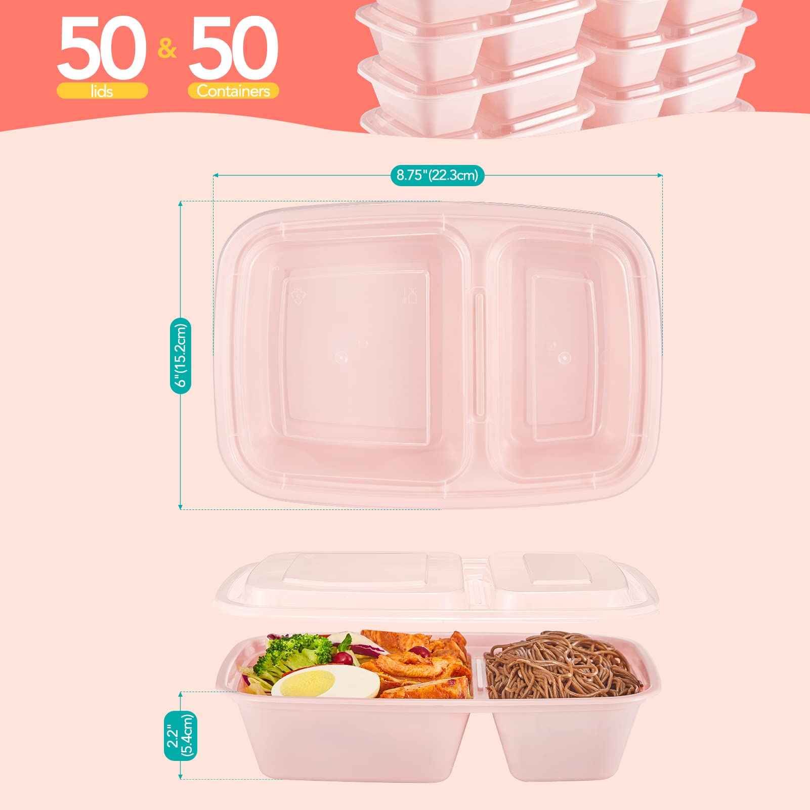 Glotoch 50 Pack 32 oz Meal Prep Containers Reusable, 2 Compartment Food Containers with Lids To Go Containers, Lunch-Microwave,Freezer,Dishwasher Safe