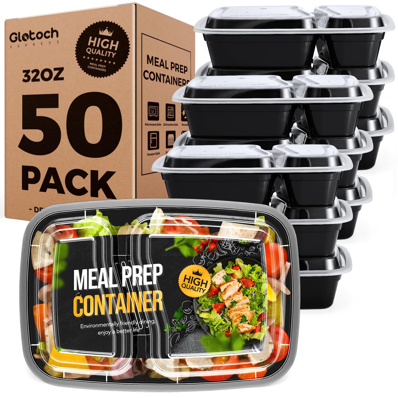 Glotoch 50 Pack 32 oz Meal Prep Containers Reusable, 2 Compartment Food Containers with Lids To Go Containers, Lunch-Microwave,Freezer,Dishwasher Safe
