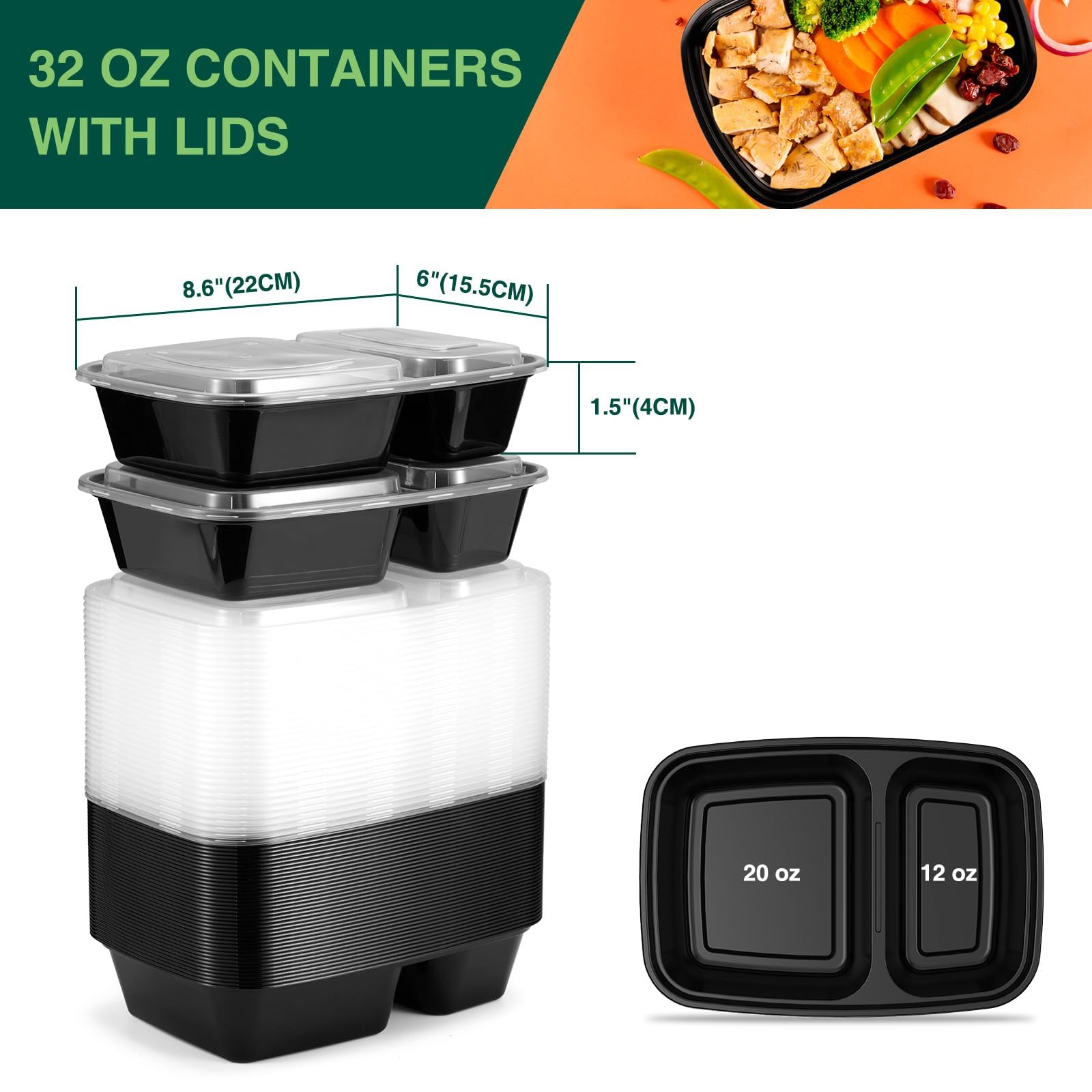 Glotoch 50 Pack 32 oz Meal Prep Containers Reusable, 2 Compartment Food Containers with Lids To Go Containers, Lunch-Microwave,Freezer,Dishwasher Safe