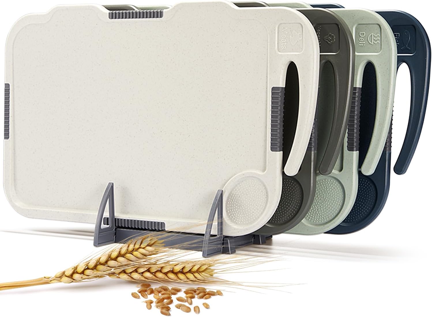 Glotoch Cutting Boards for Kitchen Set of 4, Wheat Straw Chopping Board Dishwasher Safe, BPA Free, Non Slip, 16"X10" Colored Reversible Cutting Board with Stand, Food Icons, Grinder Plate