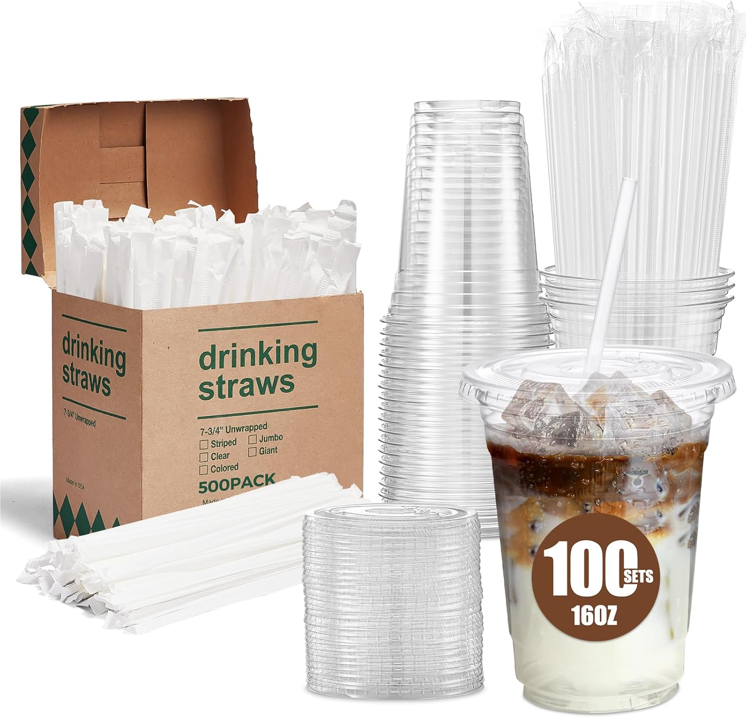 Glotoch Express 16oz 100 Sets Plastic Iced Coffee Cups with Lids and Straws & 500 pcs Individually Wrapped Clear Plastic Straws
