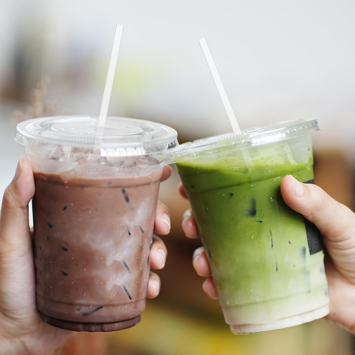 Glotoch Express 16oz 100 Sets Plastic Iced Coffee Cups with Lids and Straws & 500 pcs Individually Wrapped Clear Plastic Straws