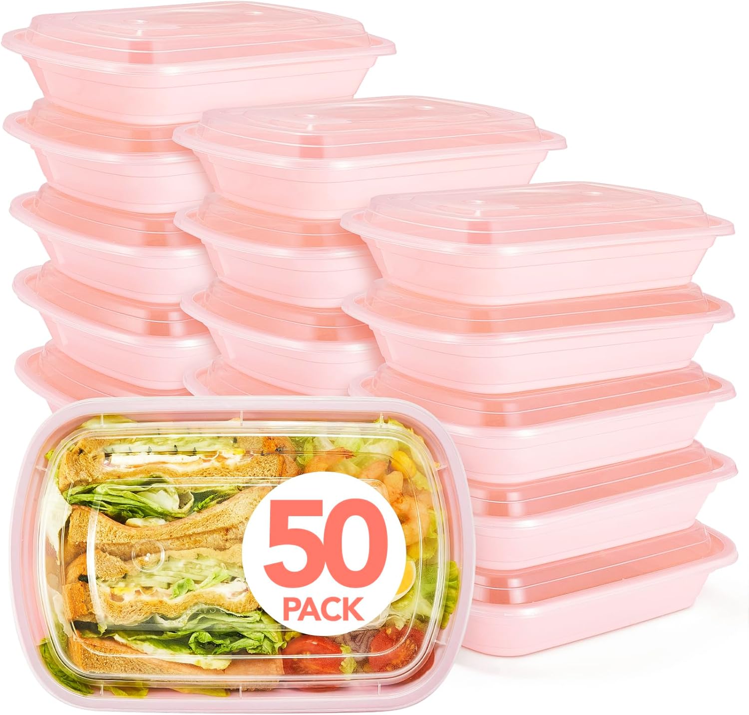 Glotoch Express 50 Pack Pink Meal Prep Containers, 32oz to Go Containers for Food, Disposable Plastic Food Containers with Lids for Microwave Dishwasher Freezer Safe, Pink