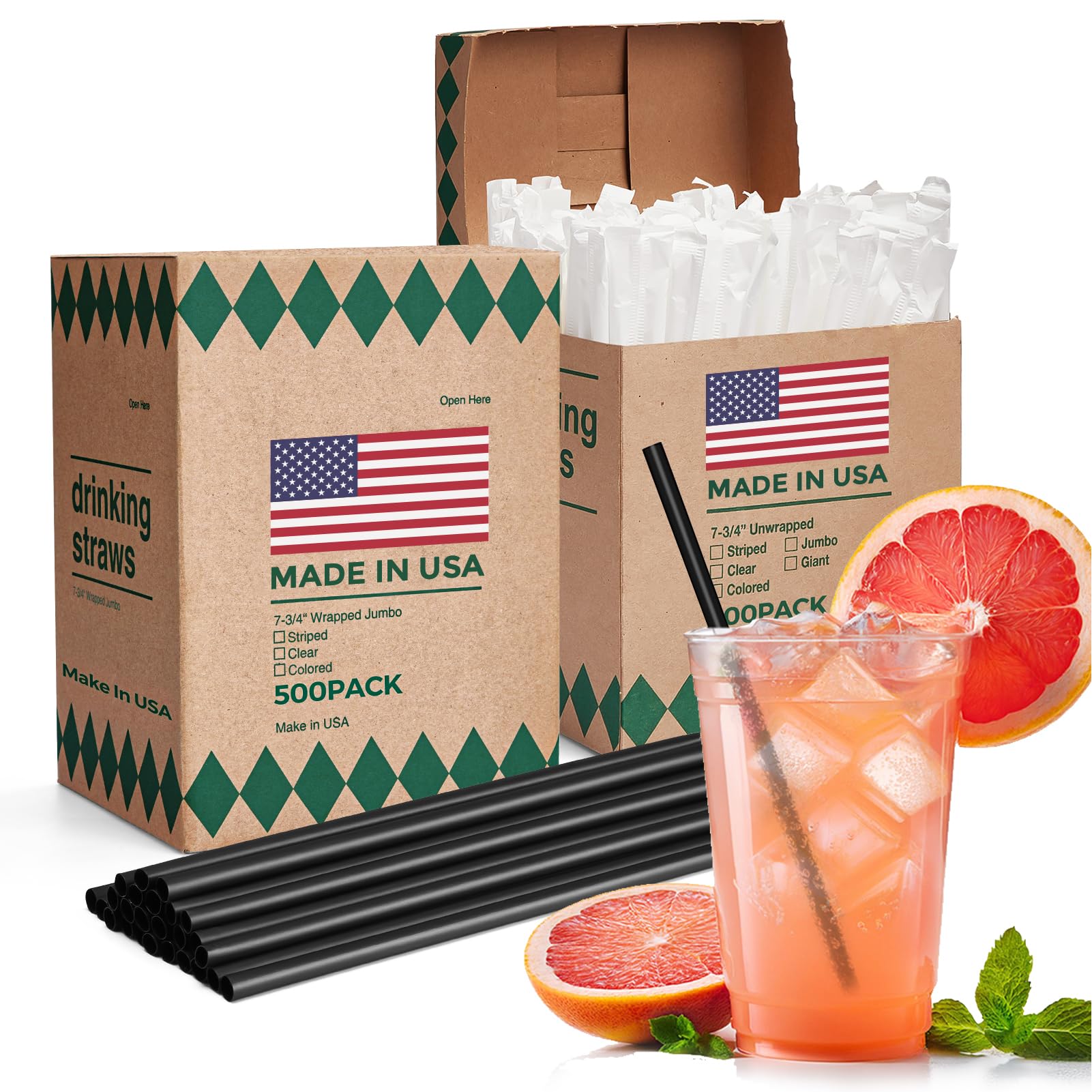 Glotoch Express 500 PCS Individually Wrapped Black Plastic Straws, 7.75'' Long, 0.24'' Diameter Disposable Drinking Straws for Every Occasion, Party, Made in USA