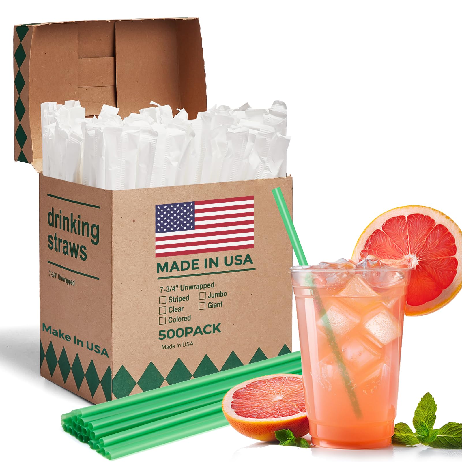 Glotoch Express 500 PCS Individually Wrapped Black Plastic Straws, 7.75'' Long, 0.24'' Diameter Disposable Drinking Straws for Every Occasion, Party, Made in USA