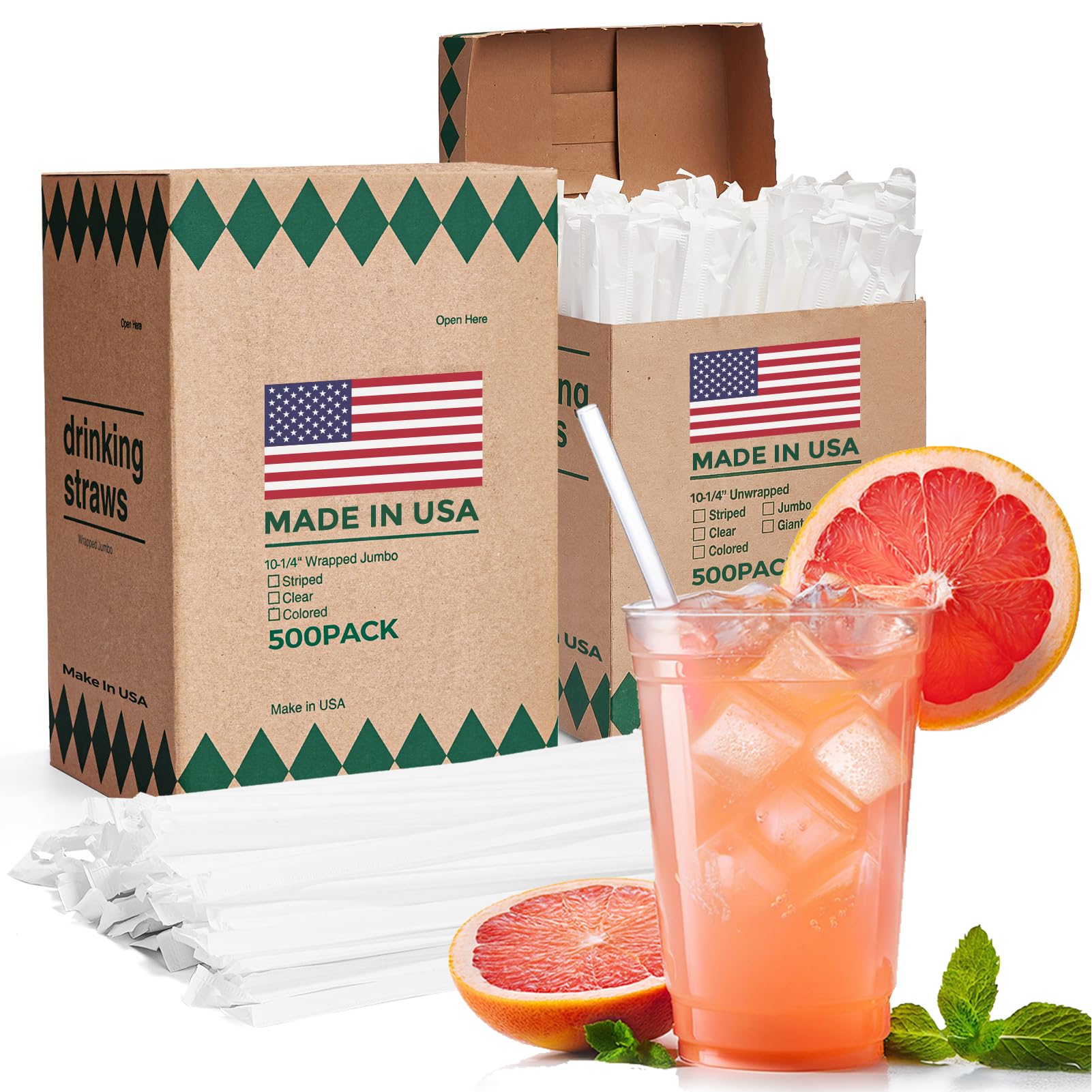 Glotoch Express 500PCS Individually Wrapped Clear Plastic Straws, 7.75'' Long, 0.24'' Diameter Disposable Drinking Straws for Every Occasion, Party, Made in USA