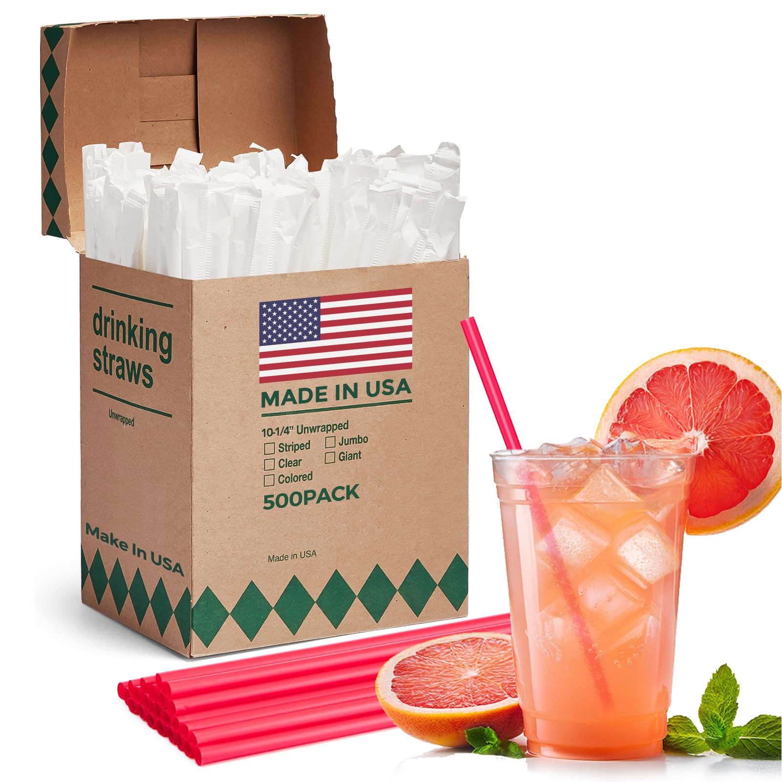 Glotoch Express 500PCS Individually Wrapped Clear Plastic Straws, 7.75'' Long, 0.24'' Diameter Disposable Drinking Straws for Every Occasion, Party, Made in USA