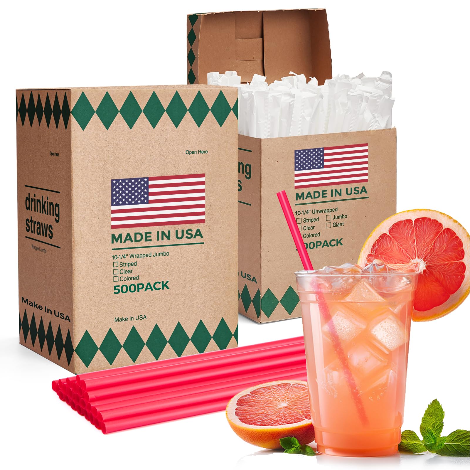 Glotoch Express 500PCS Individually Wrapped Clear Plastic Straws, 7.75'' Long, 0.24'' Diameter Disposable Drinking Straws for Every Occasion, Party, Made in USA