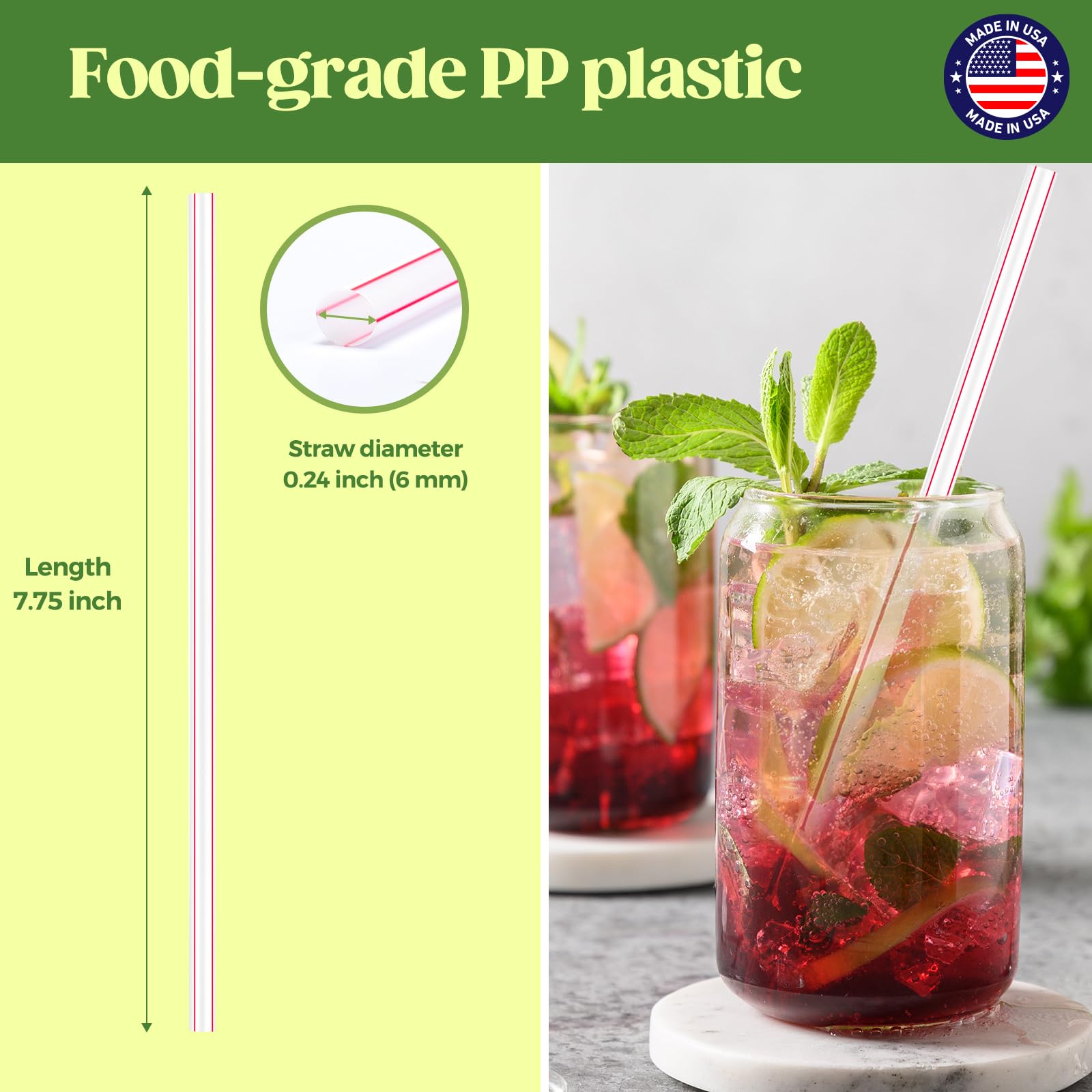 Glotoch Express 500PCS Individually Wrapped Clear Plastic Straws, 7.75'' Long, 0.24'' Diameter Disposable Drinking Straws for Every Occasion, Party, Made in USA