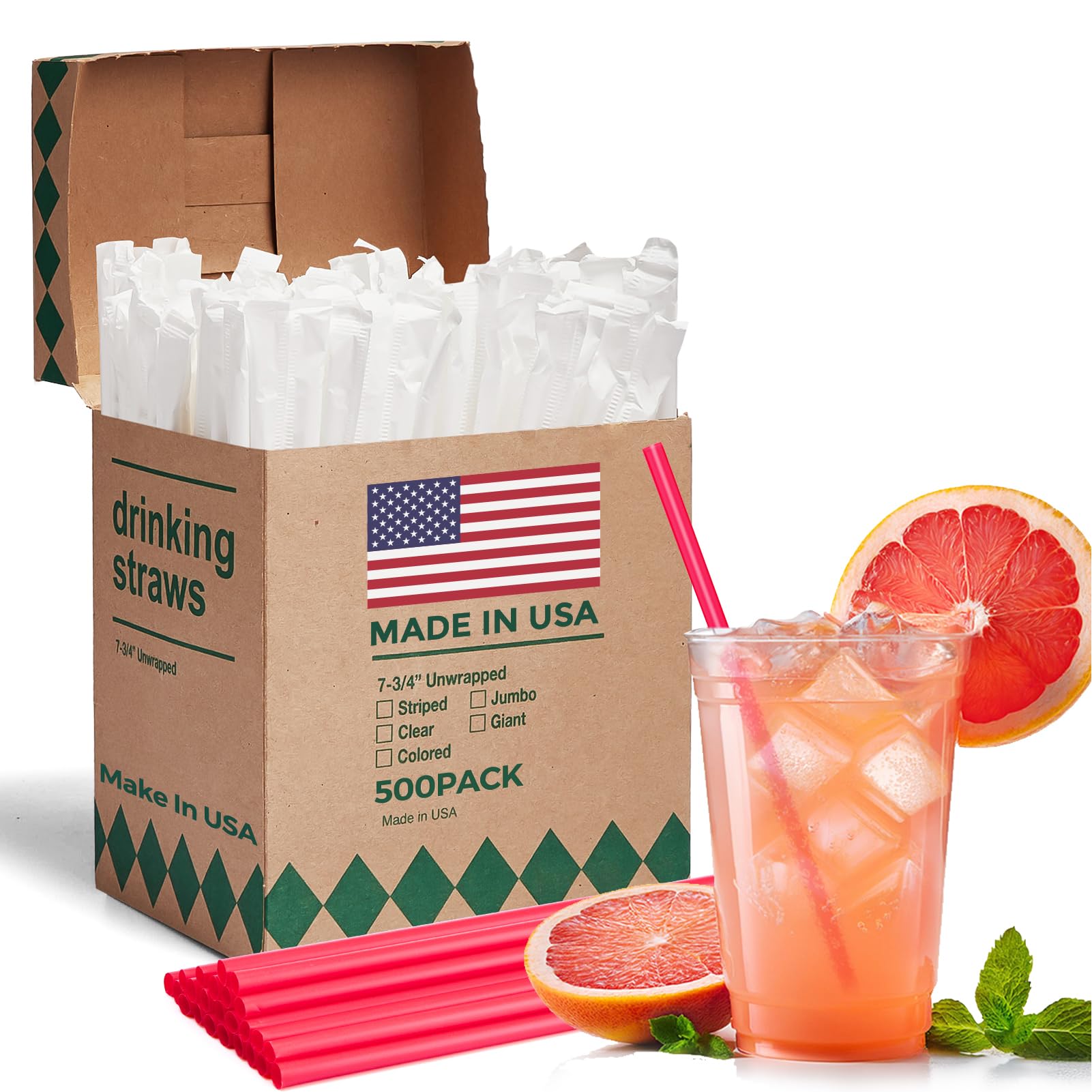 Glotoch Express 500PCS Individually Wrapped Clear Plastic Straws, 7.75'' Long, 0.24'' Diameter Disposable Drinking Straws for Every Occasion, Party, Made in USA