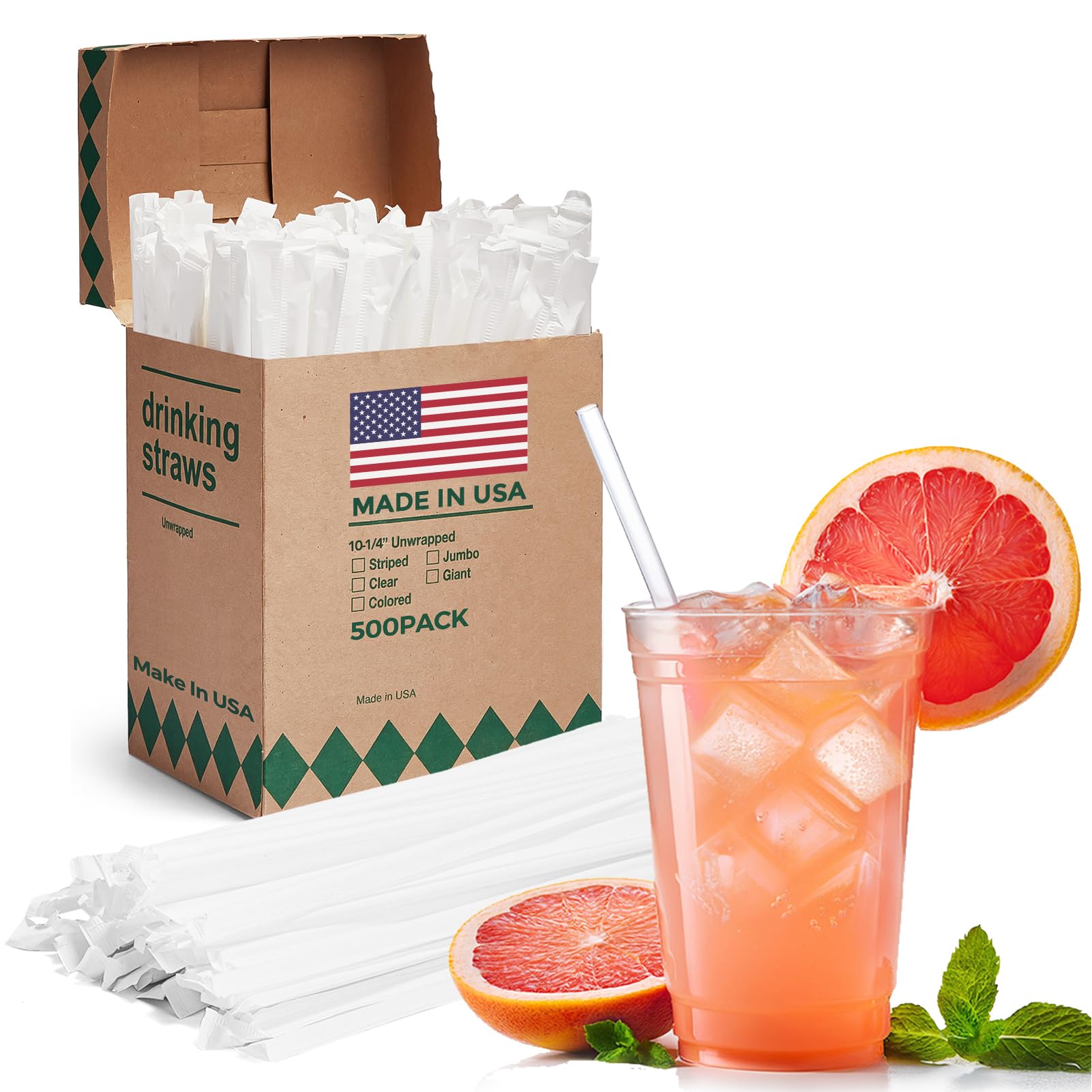 Glotoch Express 500PCS Individually Wrapped Clear Plastic Straws, 7.75'' Long, 0.24'' Diameter Disposable Drinking Straws for Every Occasion, Party, Made in USA
