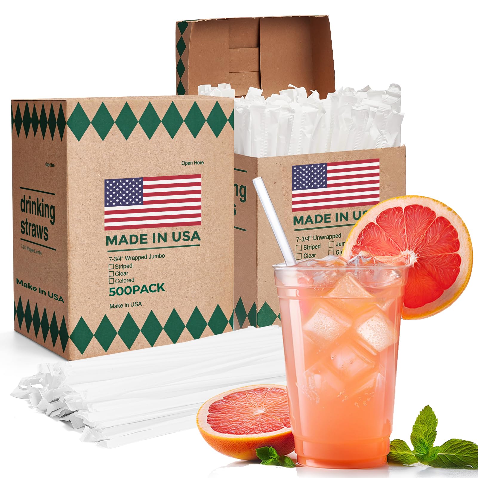 Glotoch Express 500PCS Individually Wrapped Clear Plastic Straws, 7.75'' Long, 0.24'' Diameter Disposable Drinking Straws for Every Occasion, Party, Made in USA