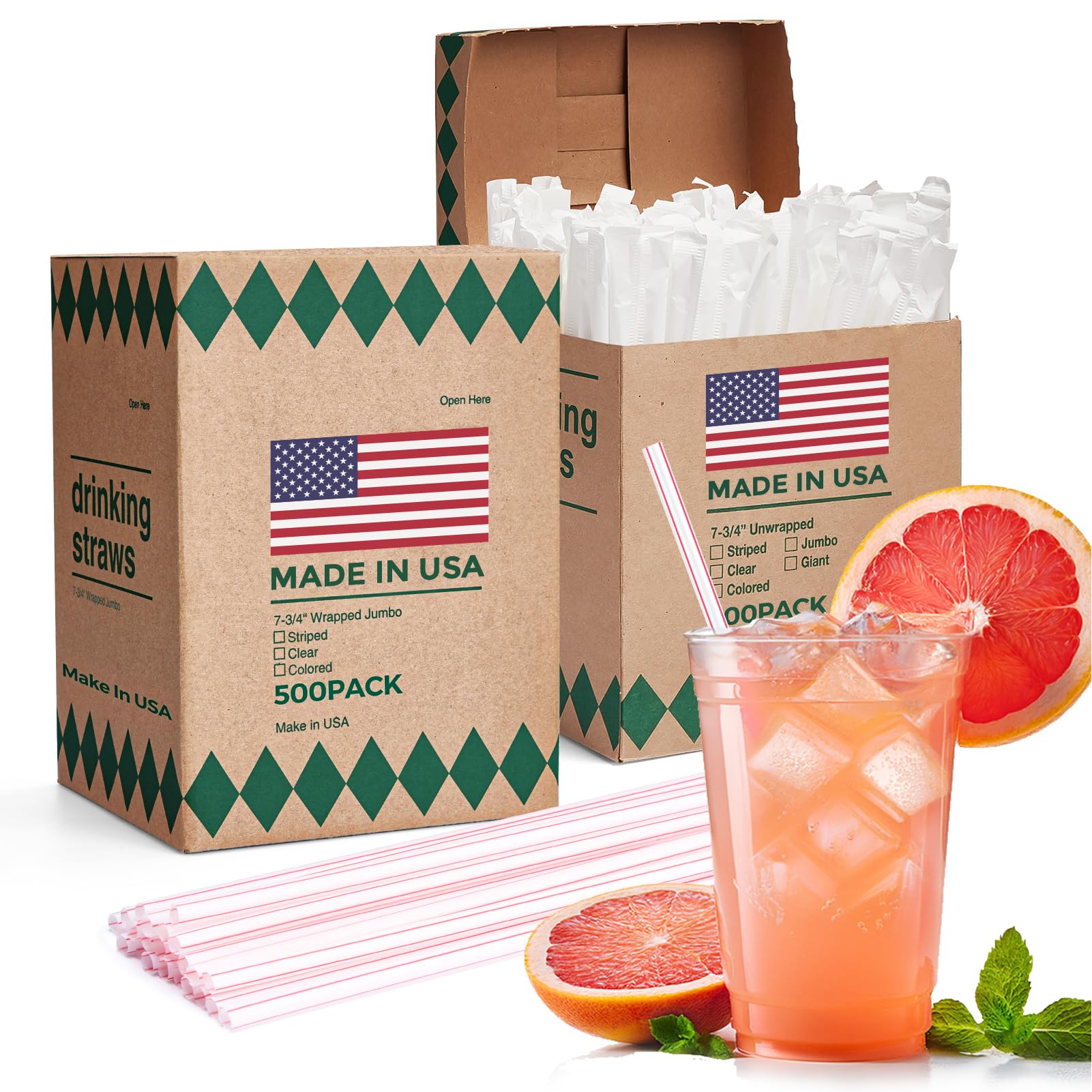 Glotoch Express 500PCS Individually Wrapped Clear Plastic Straws, 7.75'' Long, 0.24'' Diameter Disposable Drinking Straws for Every Occasion, Party, Made in USA