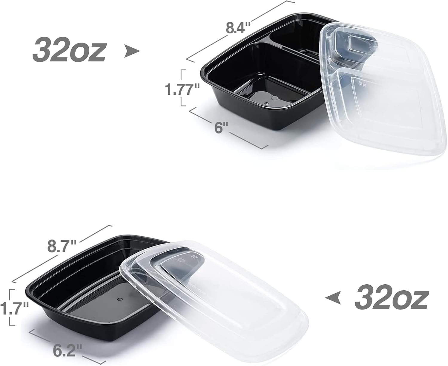 Glotoch Meal Prep Container,100Pack 1,2 Compartment Reusable Food Storage Containers For Lunch, Leftover.Disposable Black Plastic Containers With Lids To Go Container-BPA-Free Microwave Safe 32oz