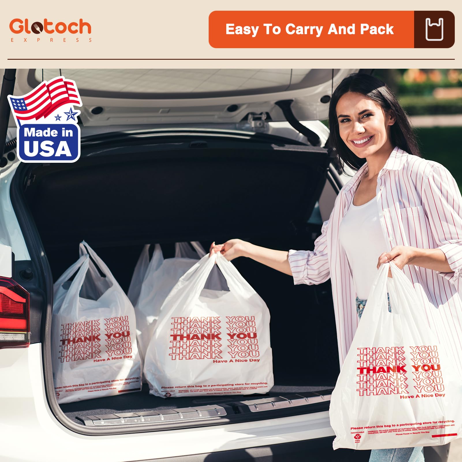Glotoch Plastic Thank You Bags 1000 Count, 12" x 6.5" x 21" White Grocery Bags with Handles for Restaurant, Retail, Grocery Store, Takeout, Convenience Stores, T-shirt Shopping Bag in Bulk