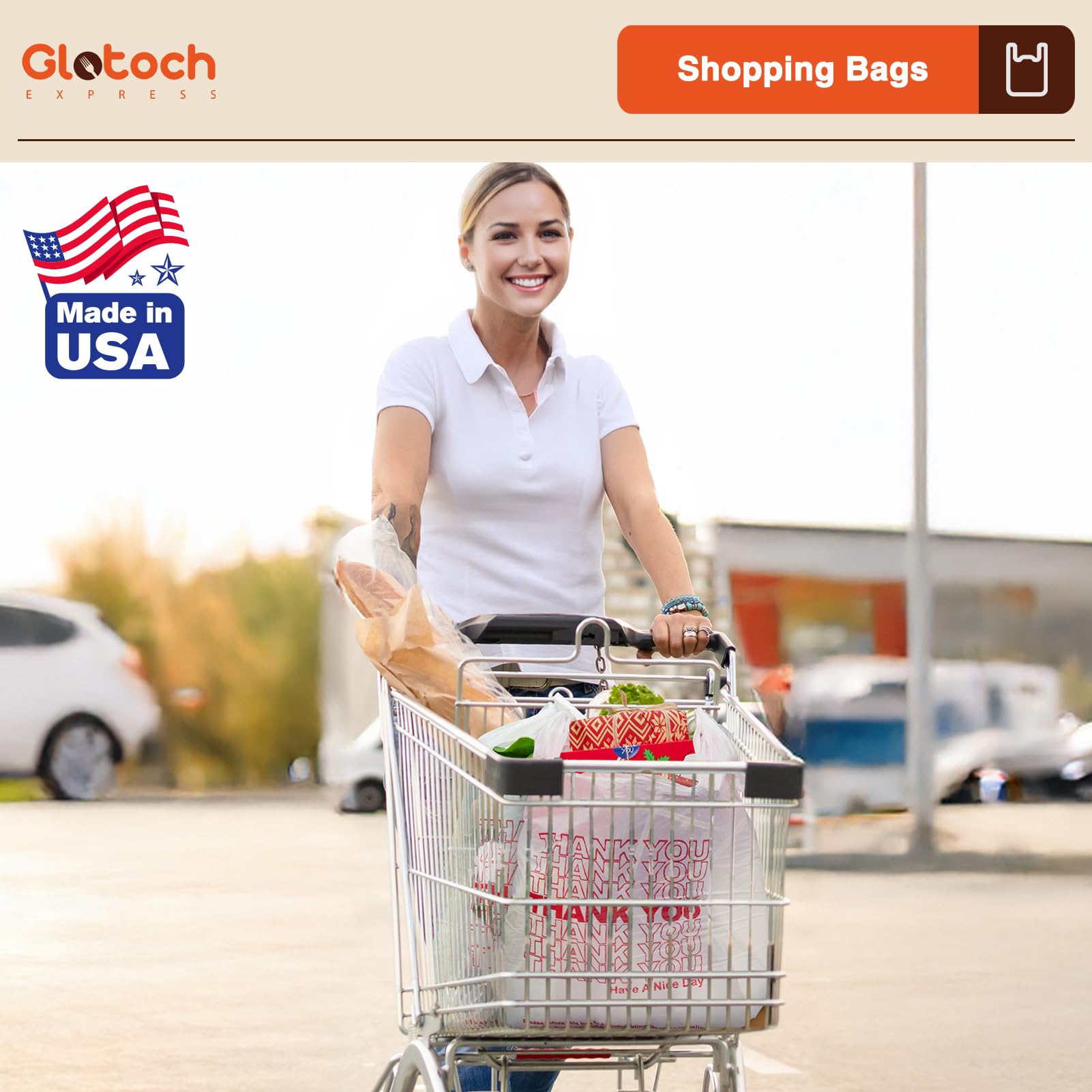 Glotoch Plastic Thank You Bags 1000 Count, 12" x 6.5" x 21" White Grocery Bags with Handles for Restaurant, Retail, Grocery Store, Takeout, Convenience Stores, T-shirt Shopping Bag in Bulk