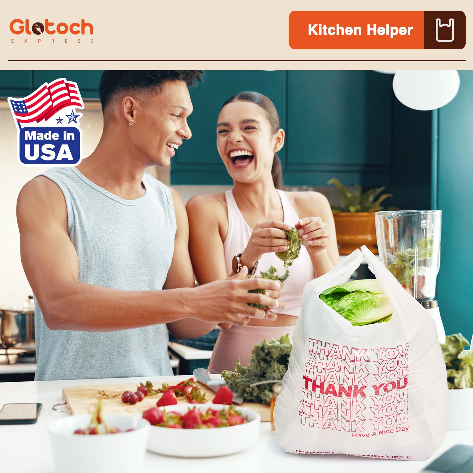 Glotoch Plastic Thank You Bags 1000 Count, 12" x 6.5" x 21" White Grocery Bags with Handles for Restaurant, Retail, Grocery Store, Takeout, Convenience Stores, T-shirt Shopping Bag in Bulk