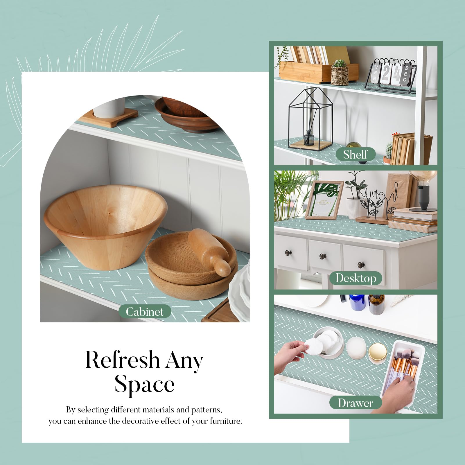 Glotoch Self Adhesive Shelf Liner for Kitchen Cabinets, Renter Friendly Peel and Stick Shlef Liners, Premium Contact Shelf Paper for Drawer, Bathroom, Pantry, Green Herringbone