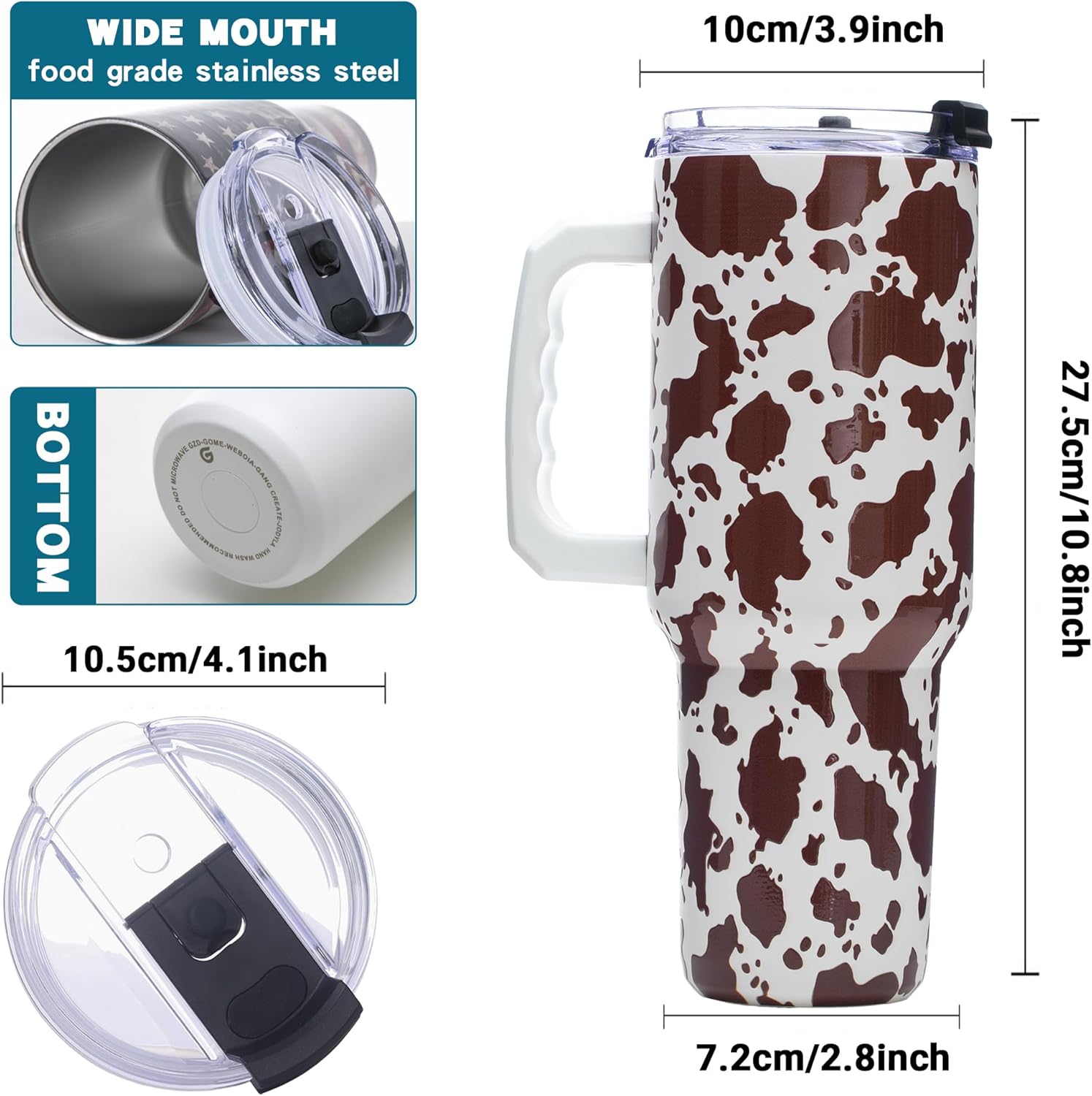 Gome 40 oz Camouflage Cow Print Tumbler with Handle - Insulated Stainless Steel Cow Cup with Lid and Straw - Keeps Drinks Cold and Hot, Birthday Gifts for Women - Hand Wash Only