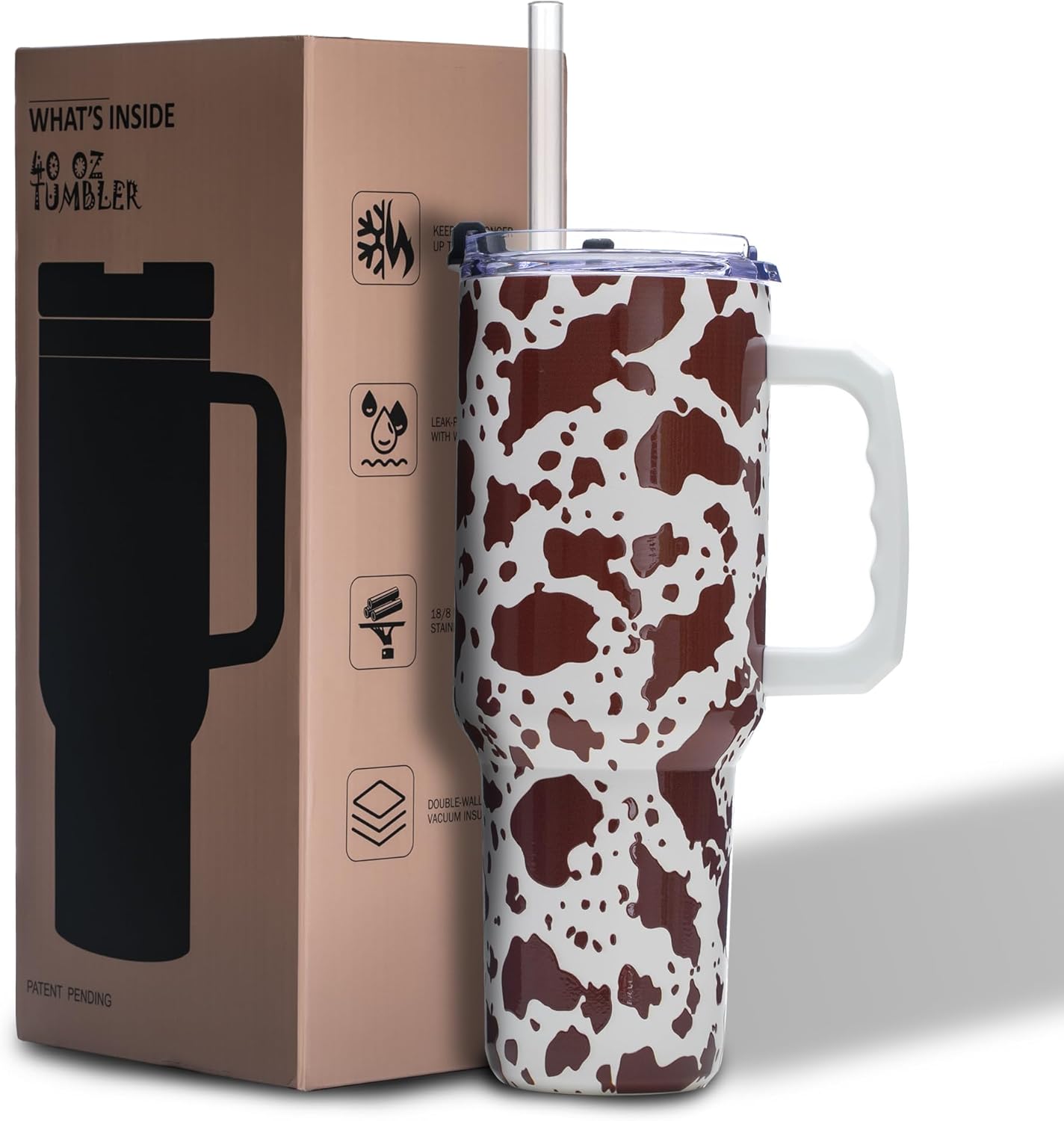 Gome 40 oz Camouflage Cow Print Tumbler with Handle - Insulated Stainless Steel Cow Cup with Lid and Straw - Keeps Drinks Cold and Hot, Birthday Gifts for Women - Hand Wash Only