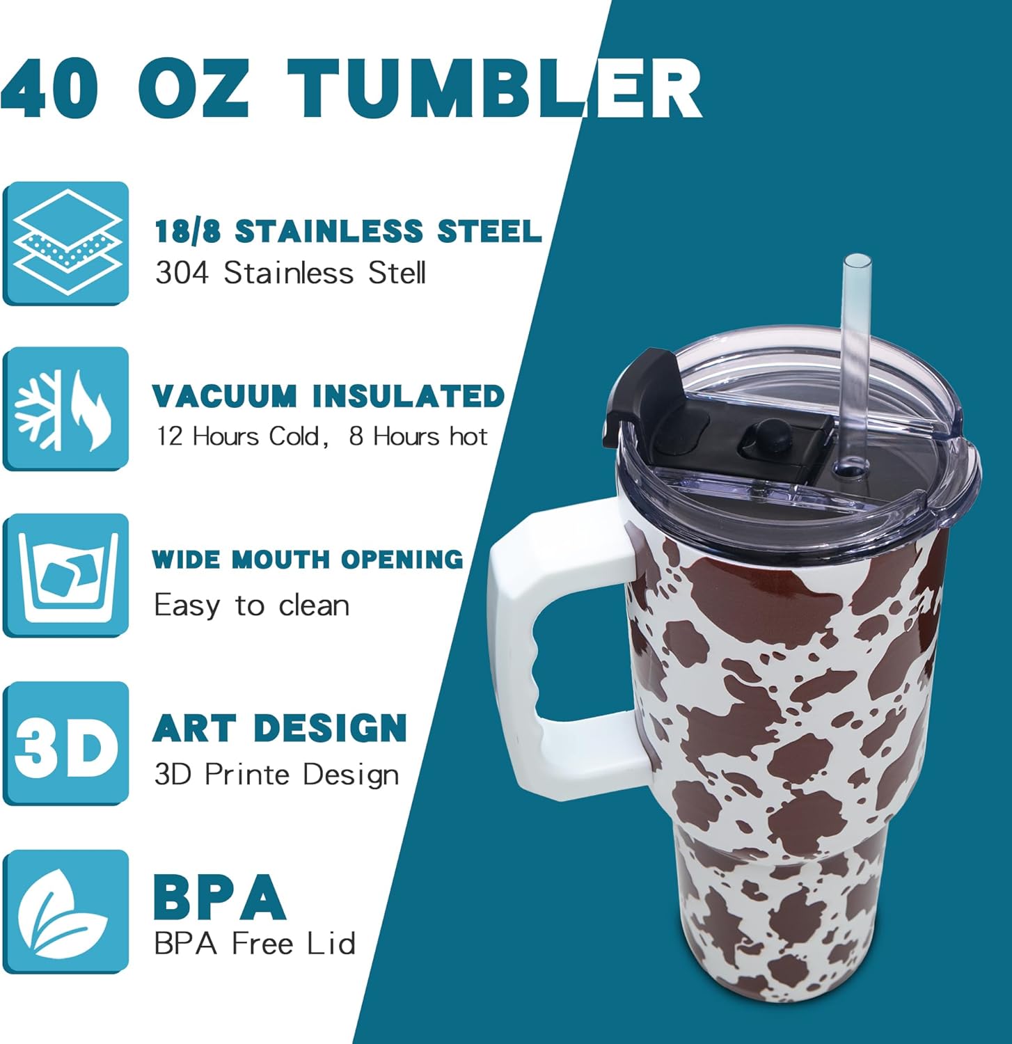 Gome 40 oz Camouflage Cow Print Tumbler with Handle - Insulated Stainless Steel Cow Cup with Lid and Straw - Keeps Drinks Cold and Hot, Birthday Gifts for Women - Hand Wash Only