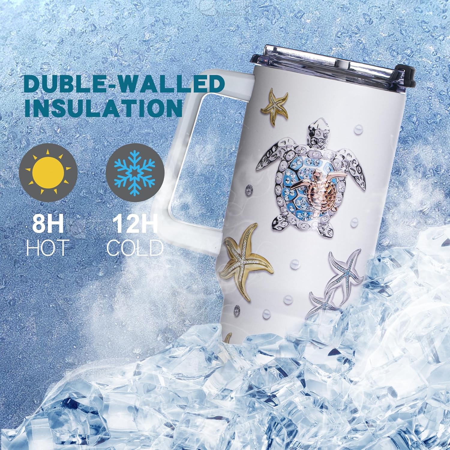 Gome 40 oz Sea Turtle Tumbler with Handle - Insulated Stainless Steel Ocean-Themed Cup with Lid and Straw - Keeps Drinks Cold and Hot,Birthday Gifts for Women - Hand Wash Only